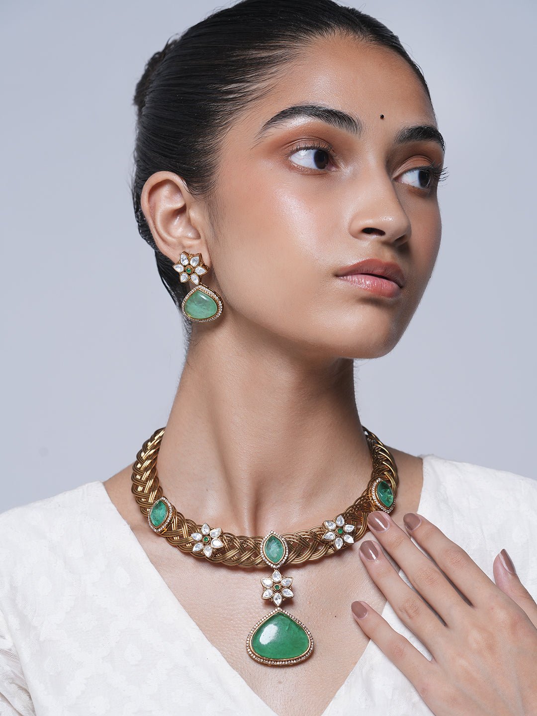Designer Golden Hasli with Green Pendant Necklace