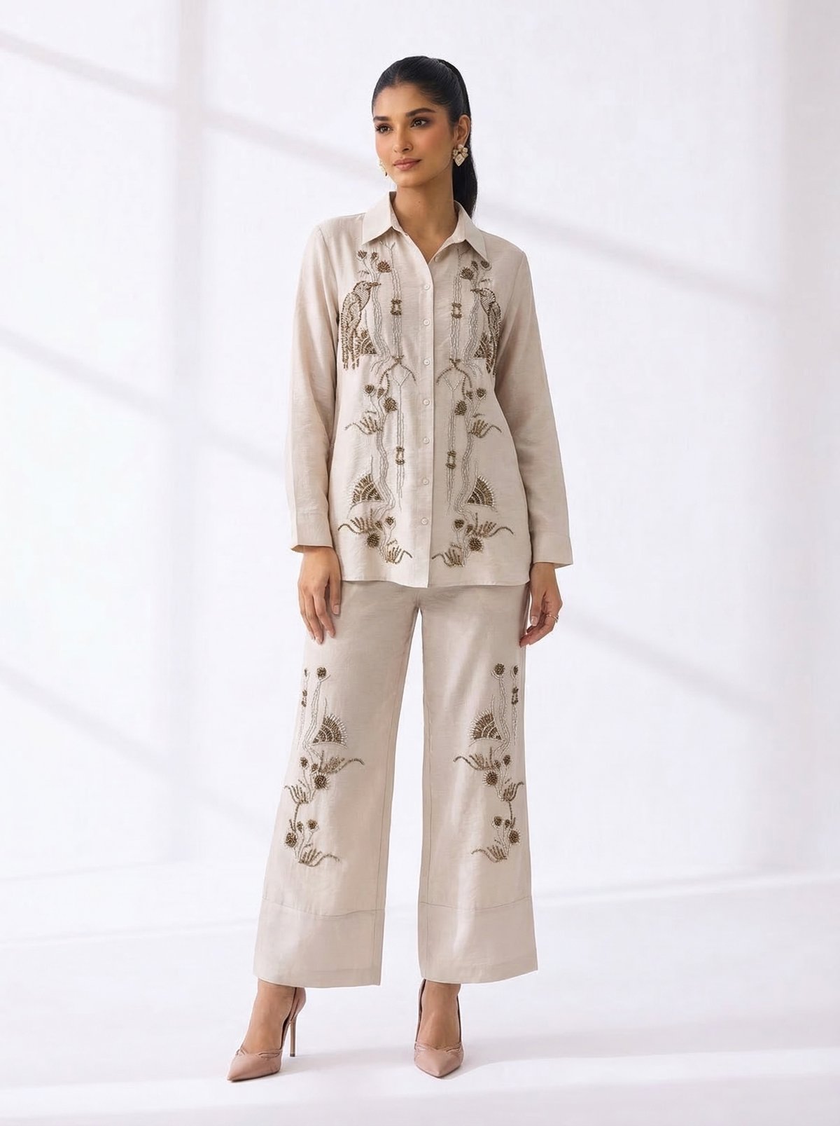 Cream Embroidered Shirt and Wide-Leg Pants Co-ord Set