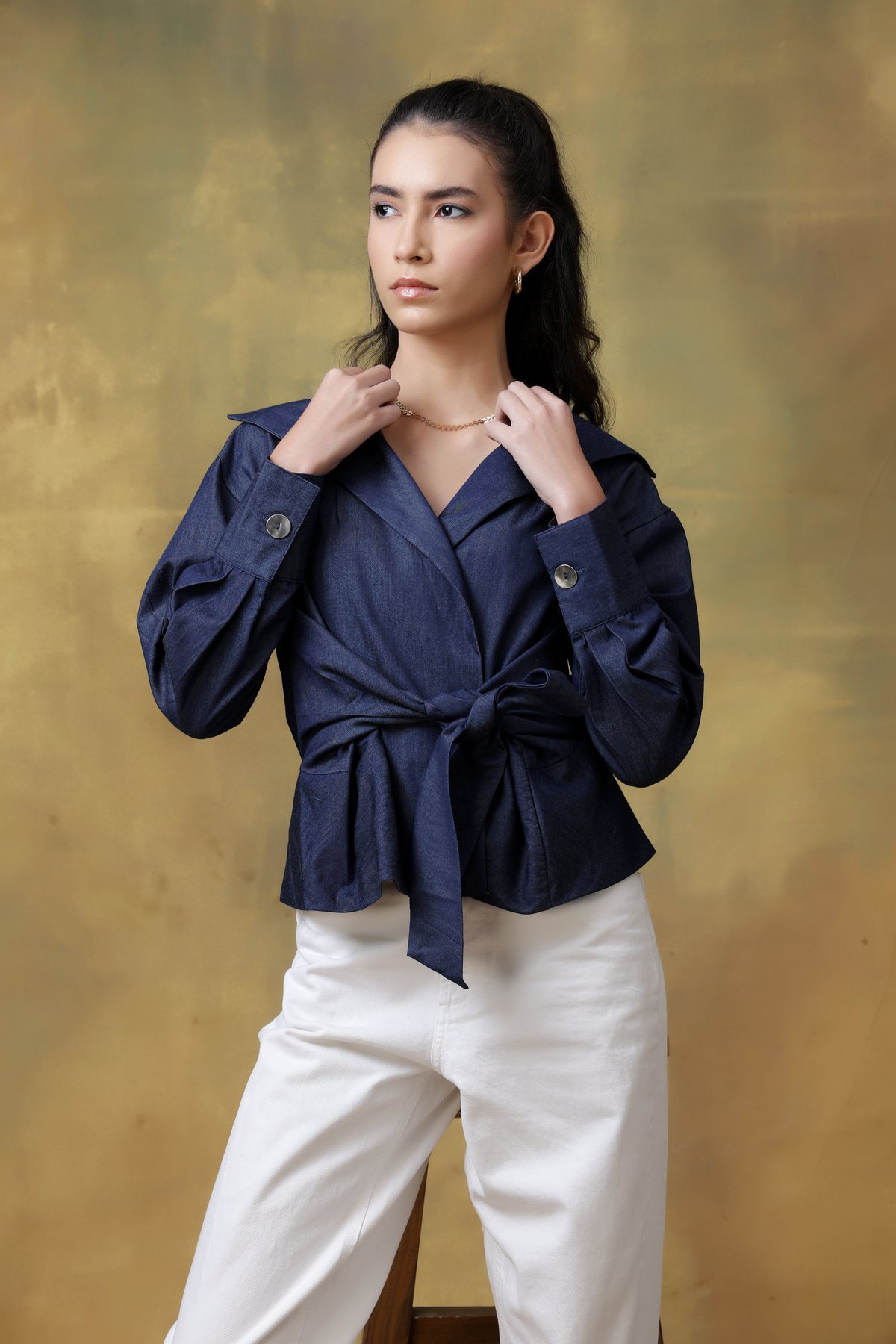 Dark Denim Wrap Shirt with Tie Belt