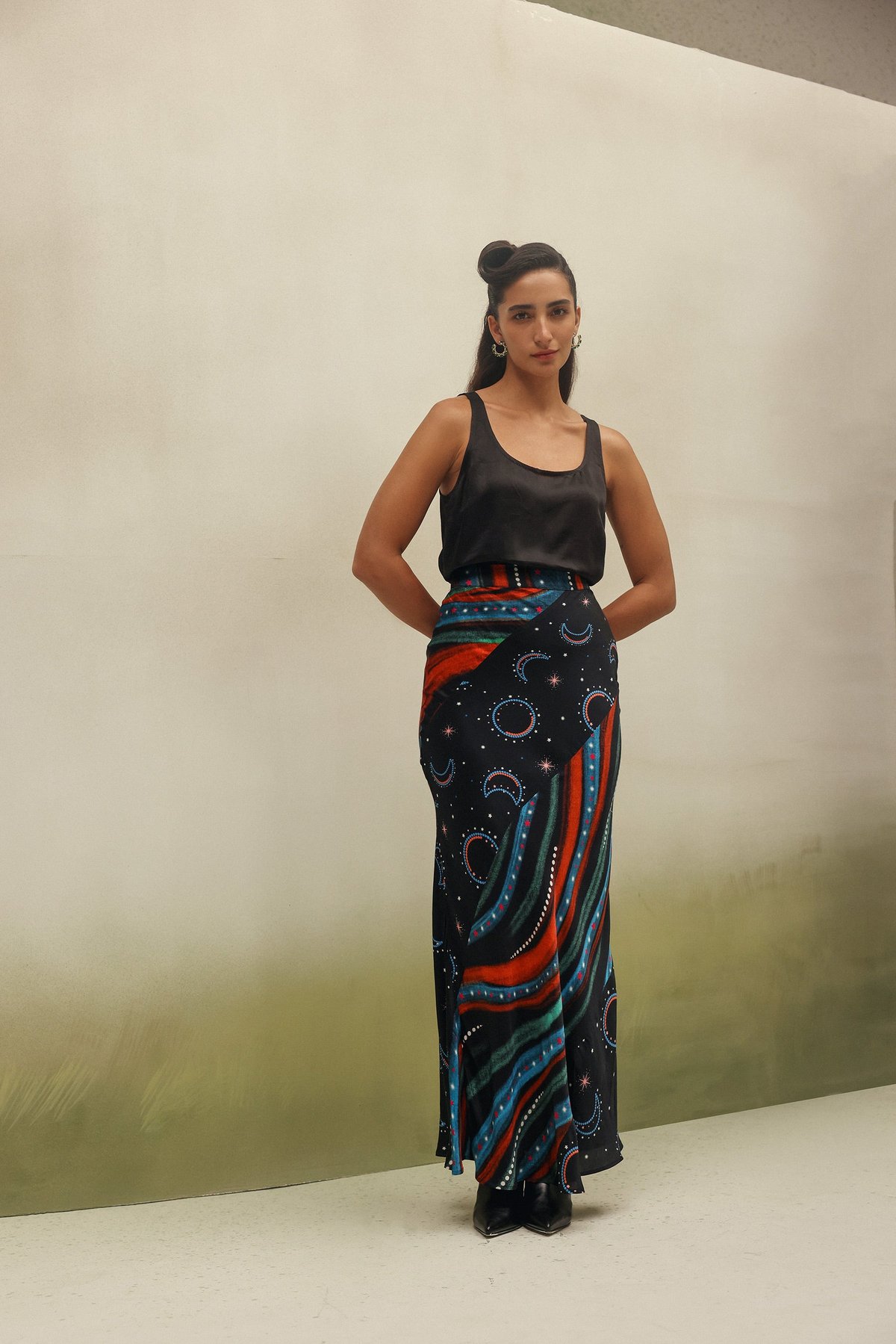 Black Printed Bias-Cut Maxi Skirt