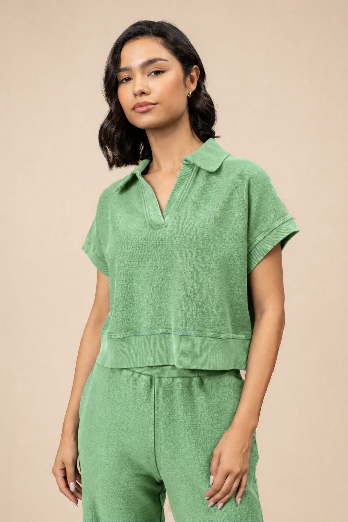 Sage Cotton Reverse Terry Cropped Polo Top