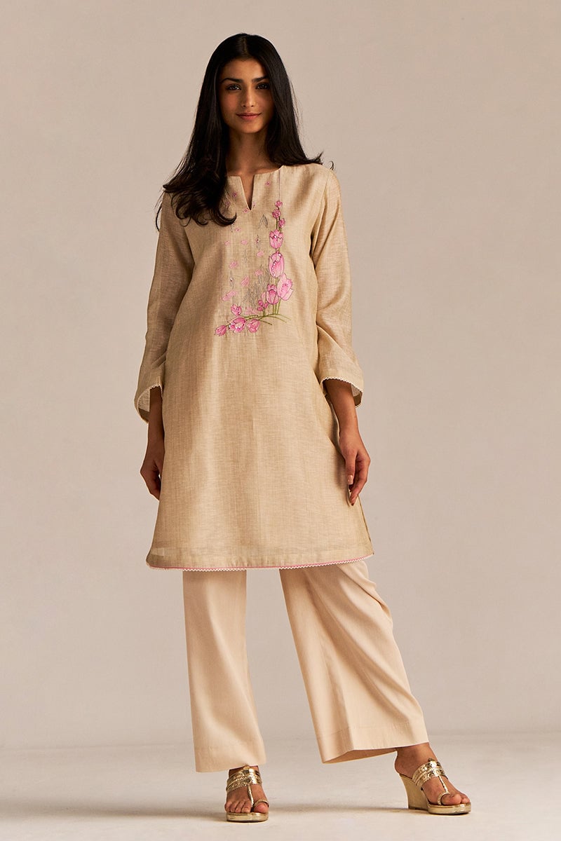 Beige/Pink Embroidered A-Line Kurta Set with Dupatta