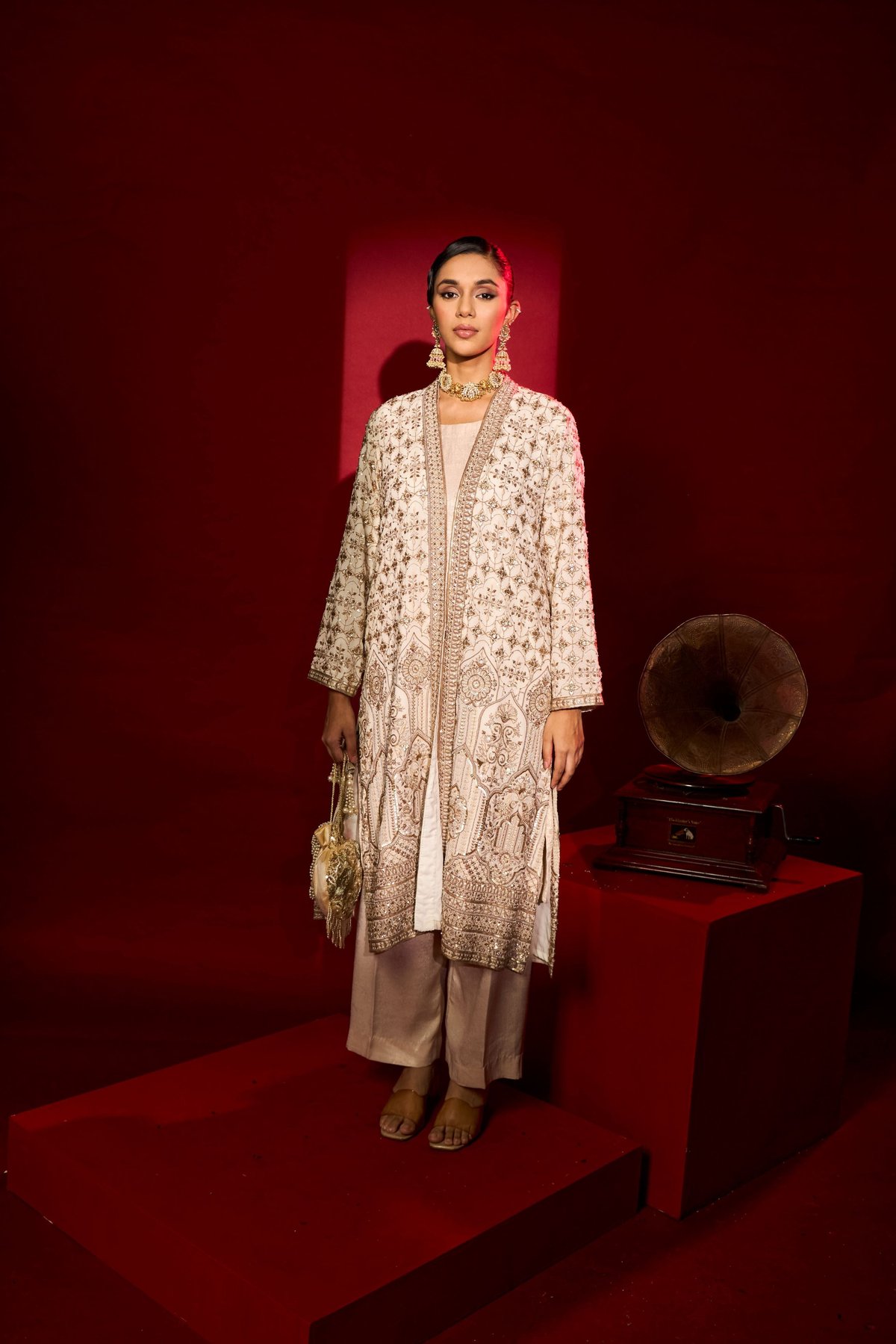 Nude Embroidered Longline Jacket and Pant Co-ord Set