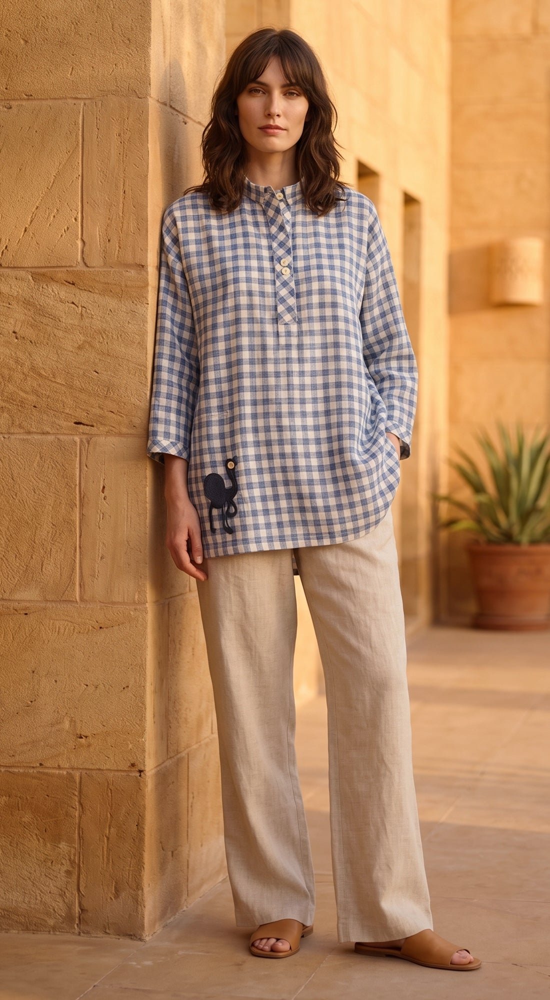Blue Linen Block Check Shirt