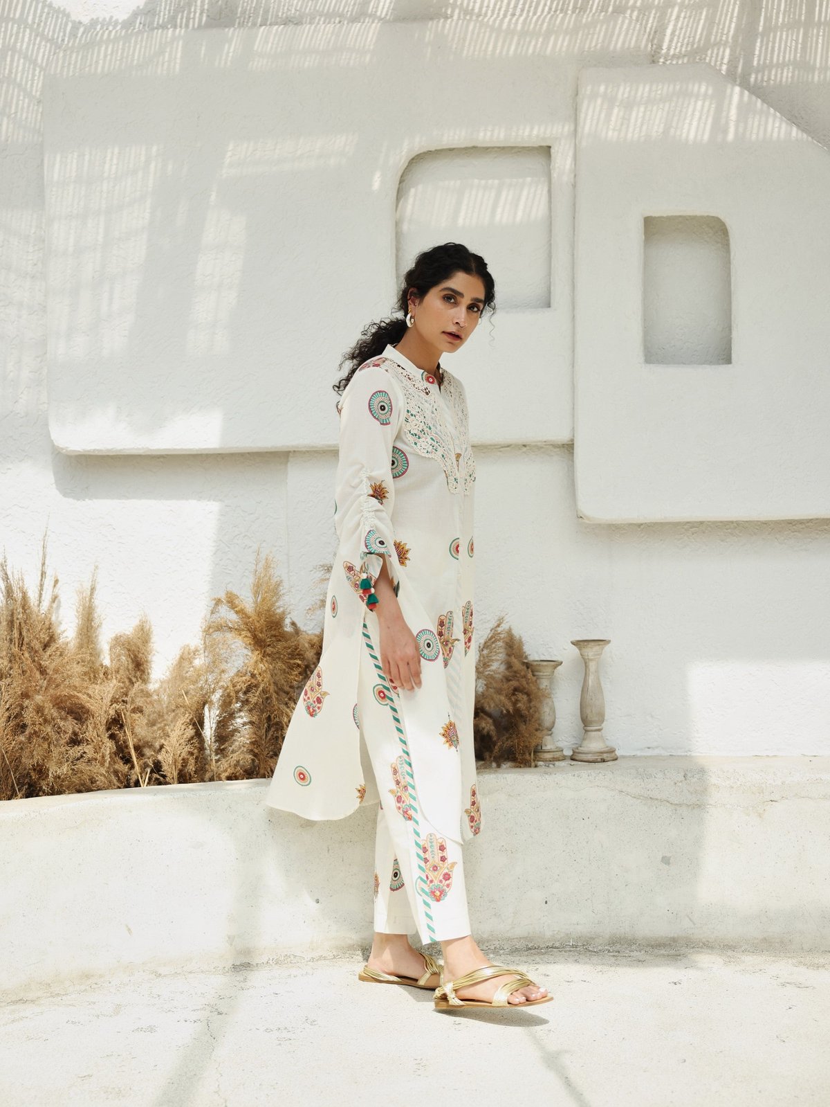 Peach & Green Hamza Print Kurta Set