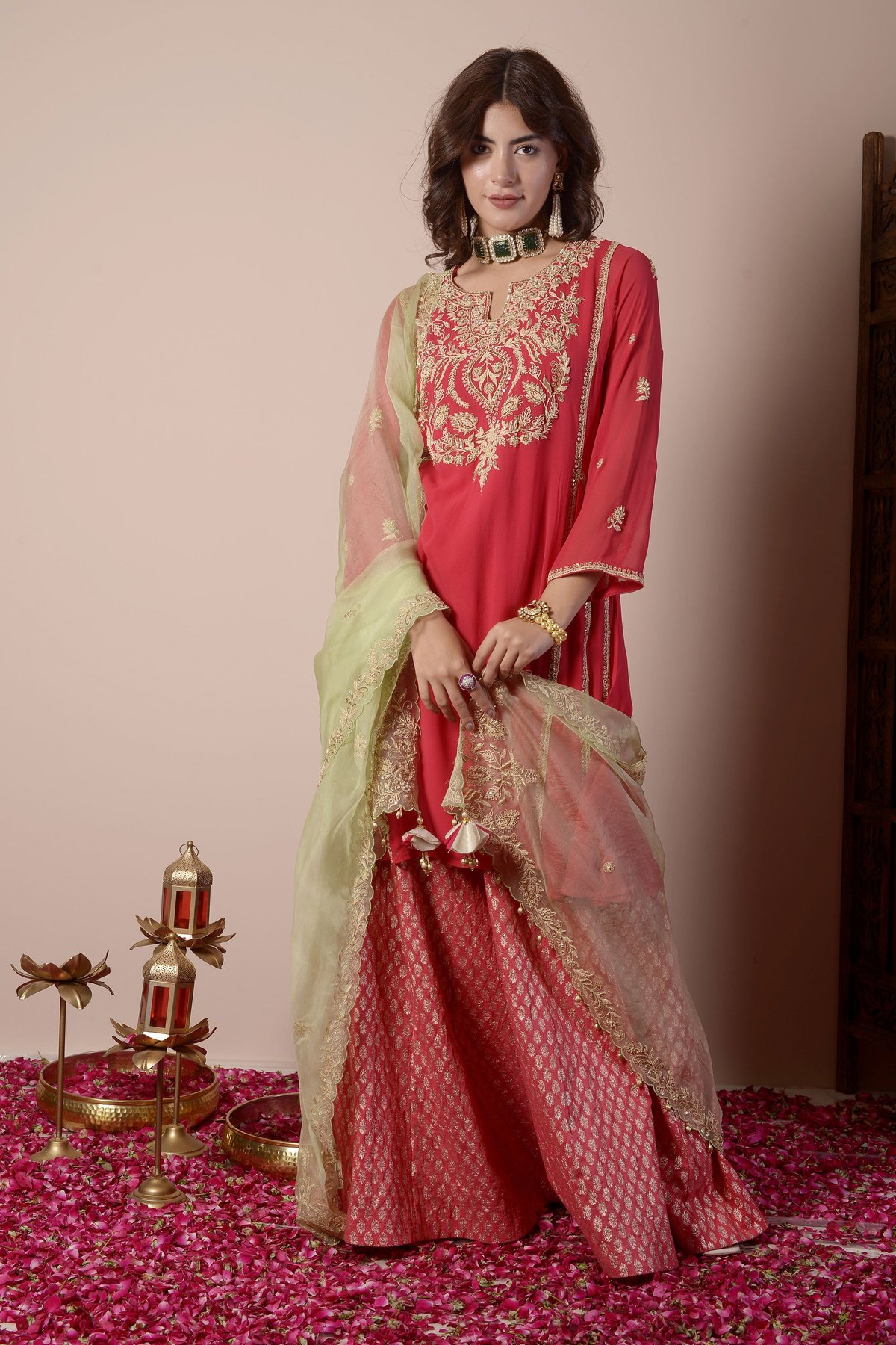 Cherry Red Embroidered Kurta Sharara Set
