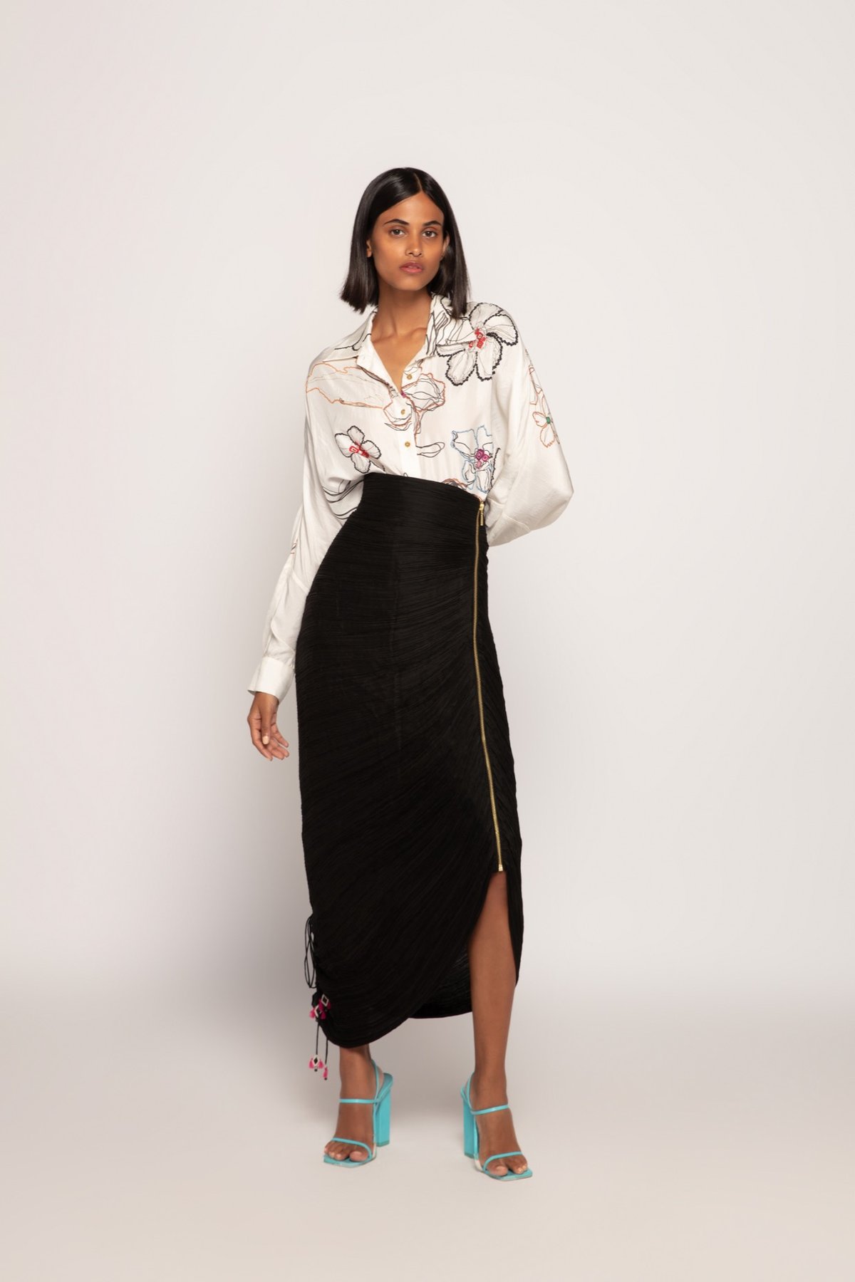 Black Micro-Pleated Maxi Skirt with Front Zip Detail