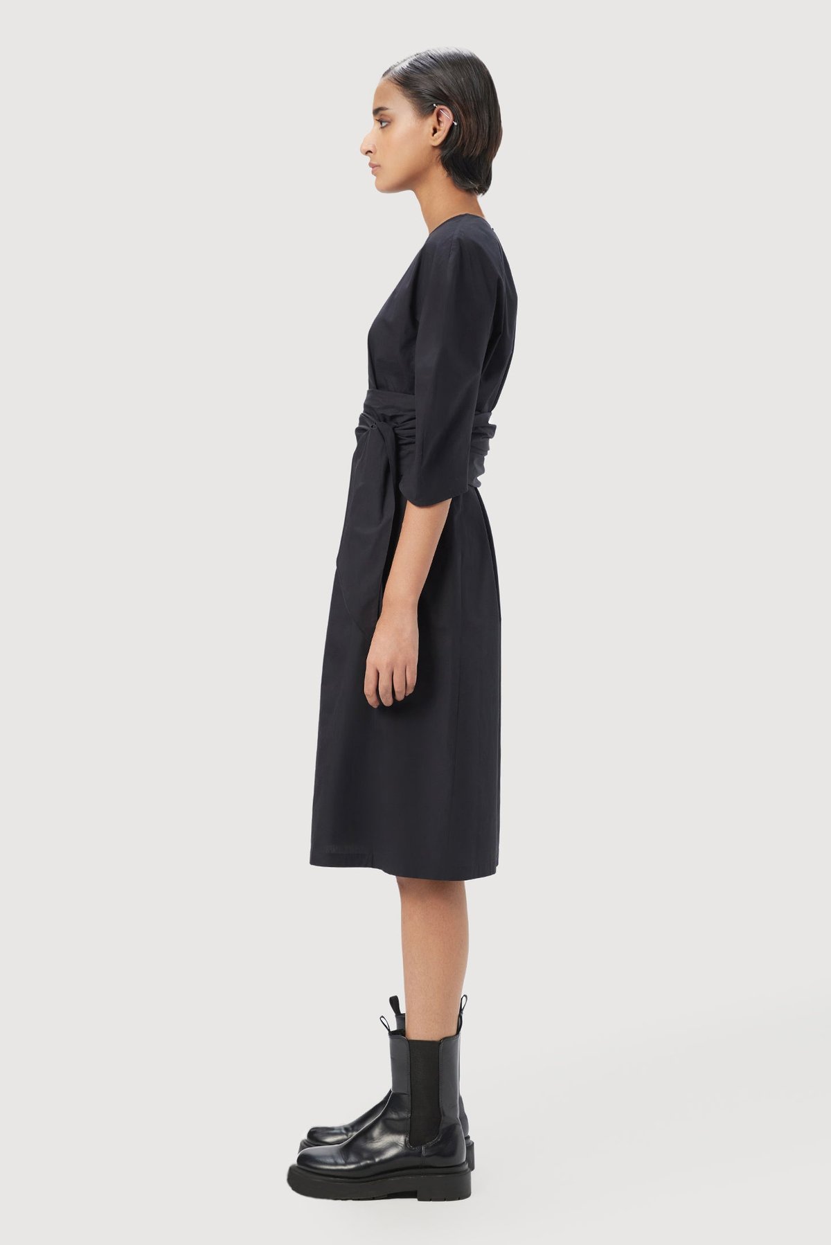 Black Midi Dress with Sculpted Sleeves and Waist Sash
