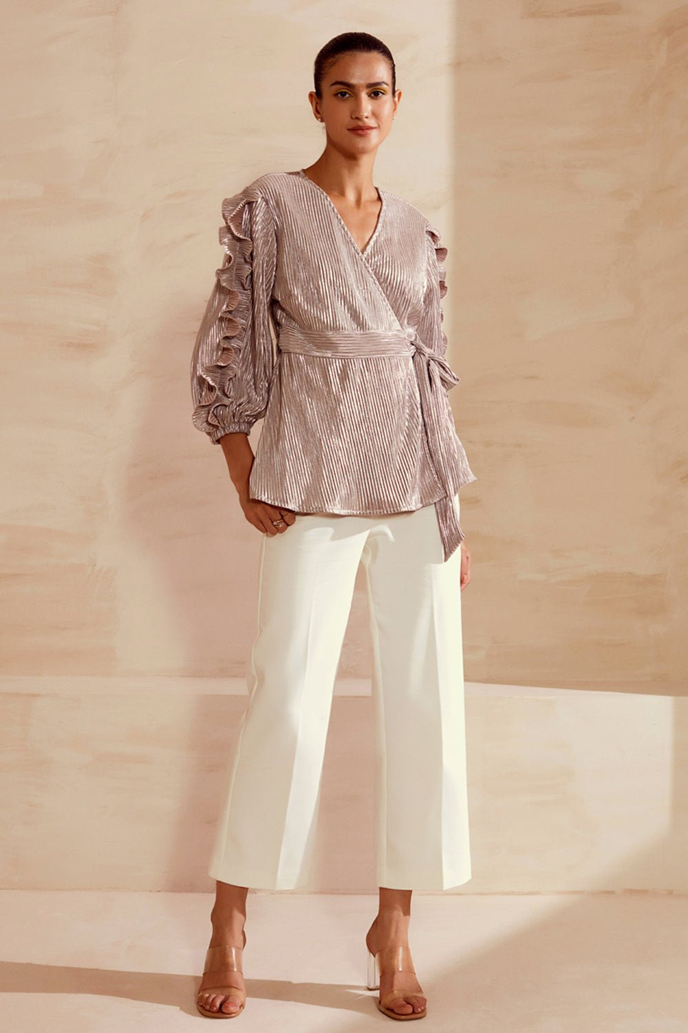 Champagne Satin Silk Pleated Wrap Blouse with Ruffle Sleeves