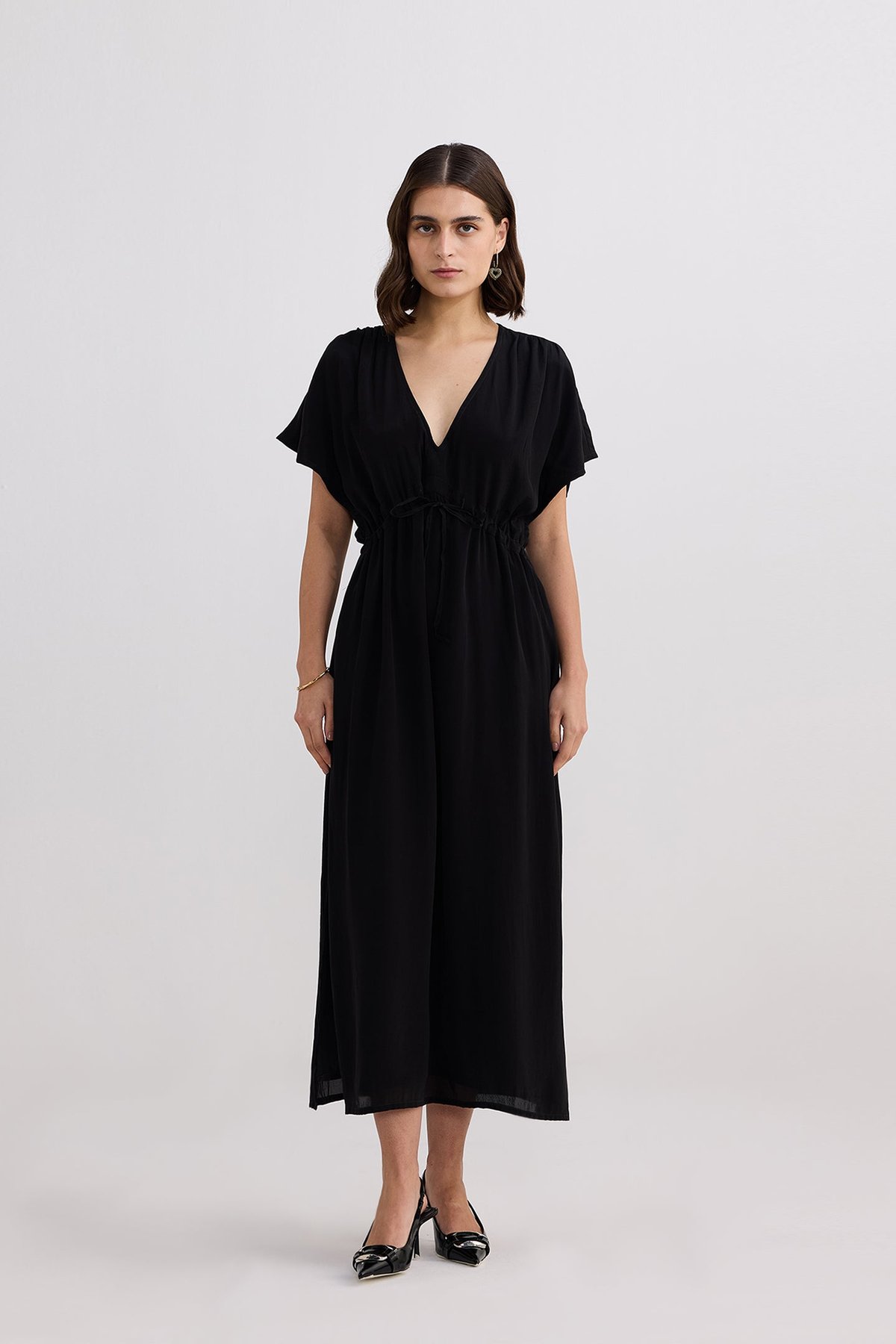 Oversized Gathered V-Neck Maxi Dress