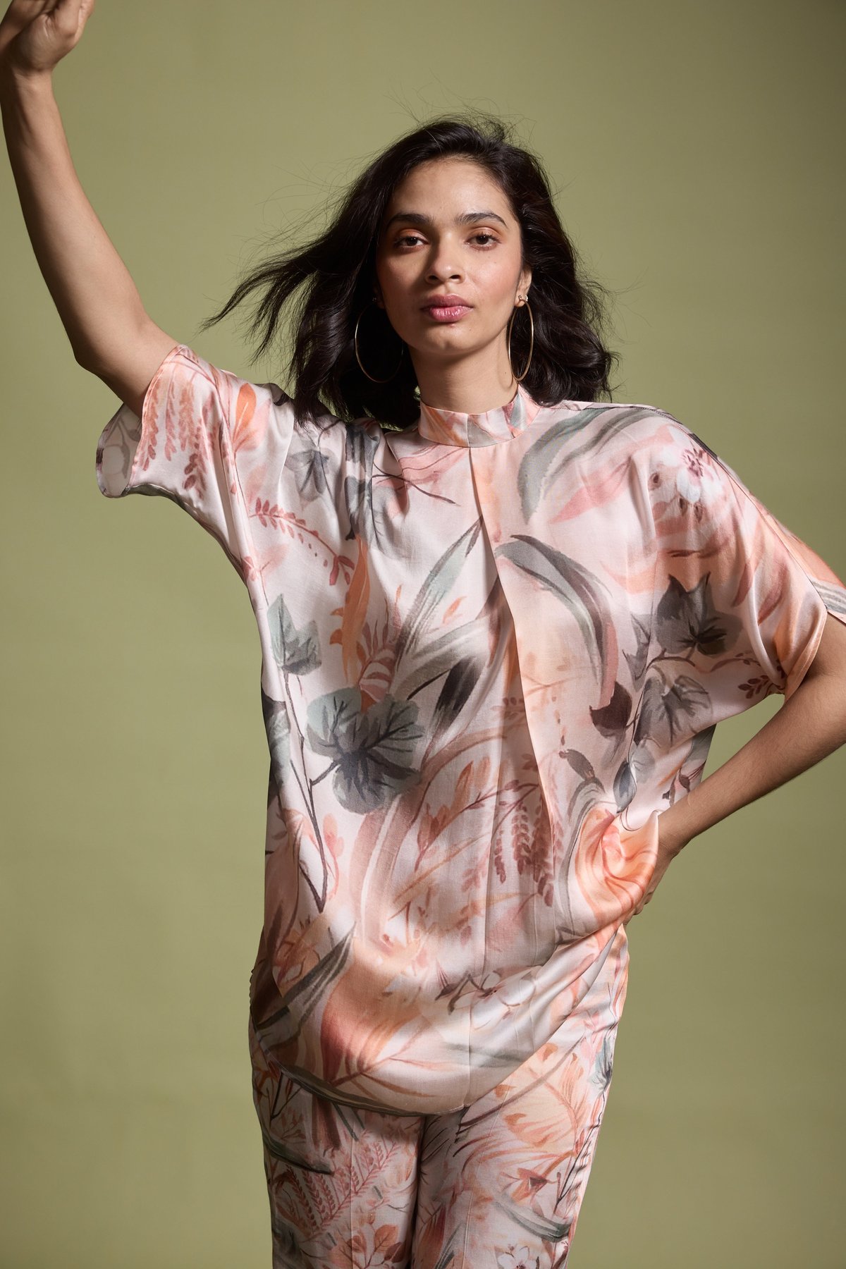 Earth Multi Printed Popover Top with Back Neck Tie