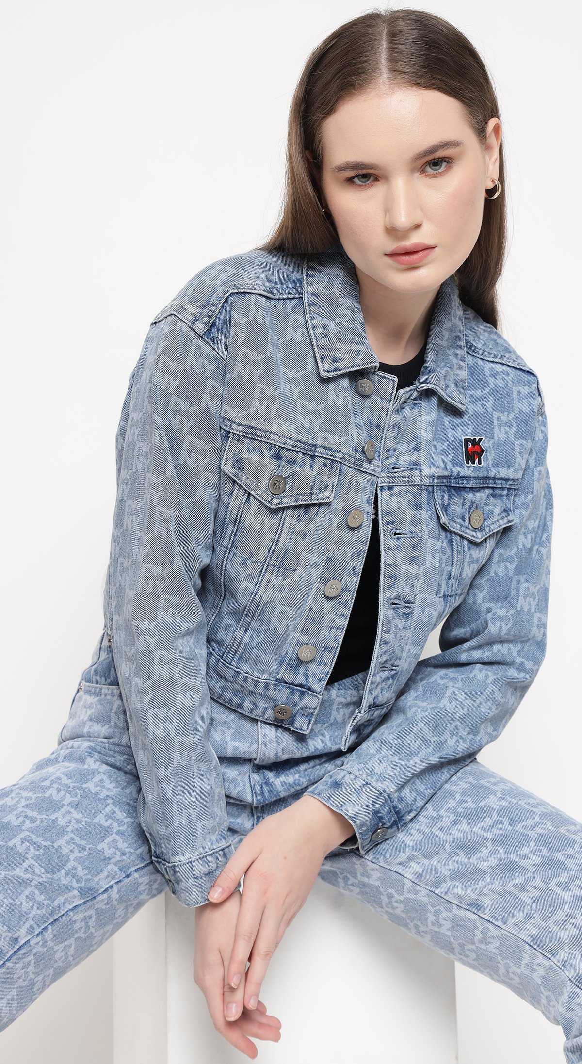 Medium Blue Cropped Logo Print Denim Jacket