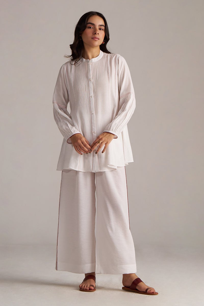 White Crushed Viscose Shirt and Wide-Leg Pants Co-ord Set