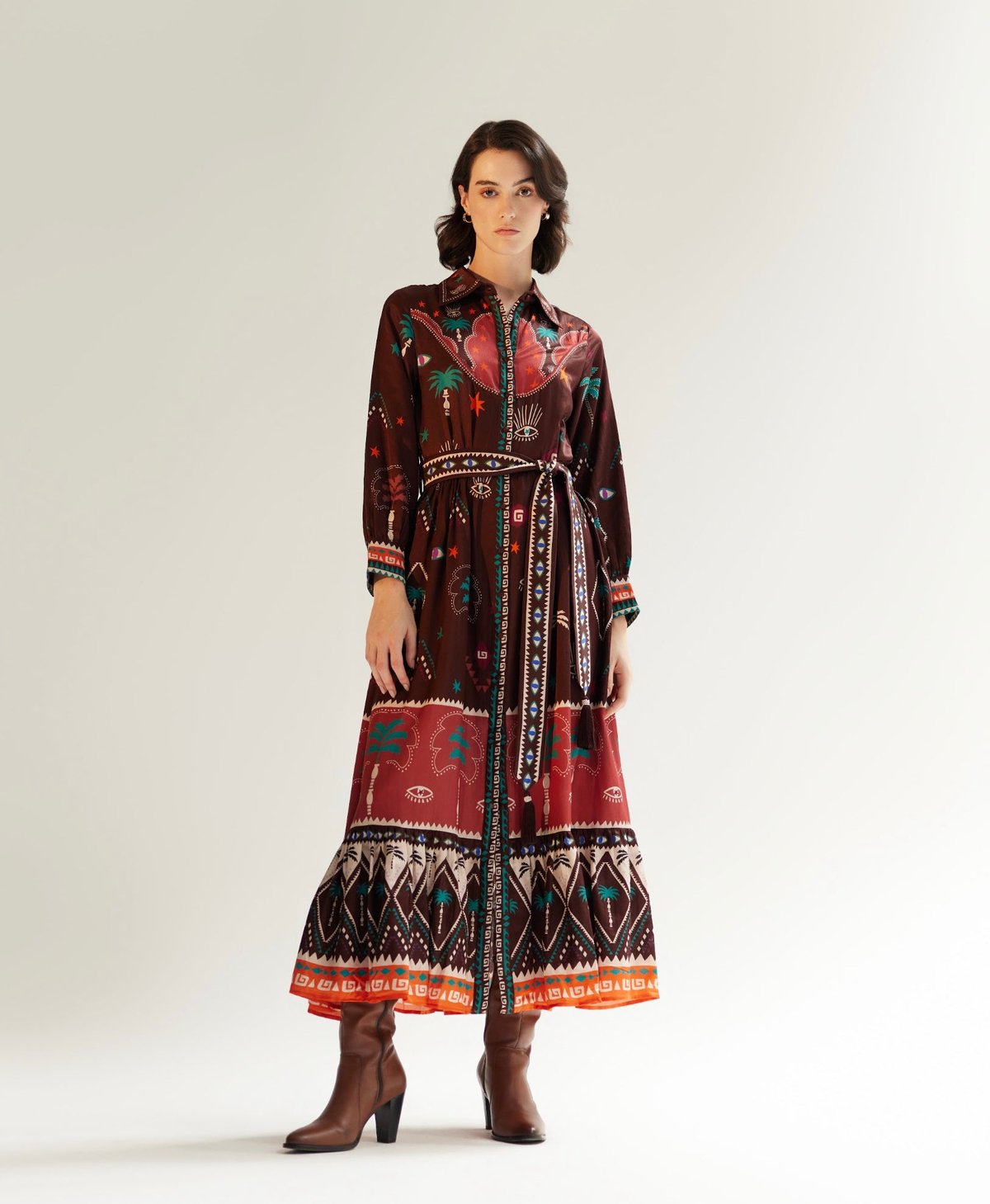 Brown Printed Tiered Maxi Shirt Dress with Belt