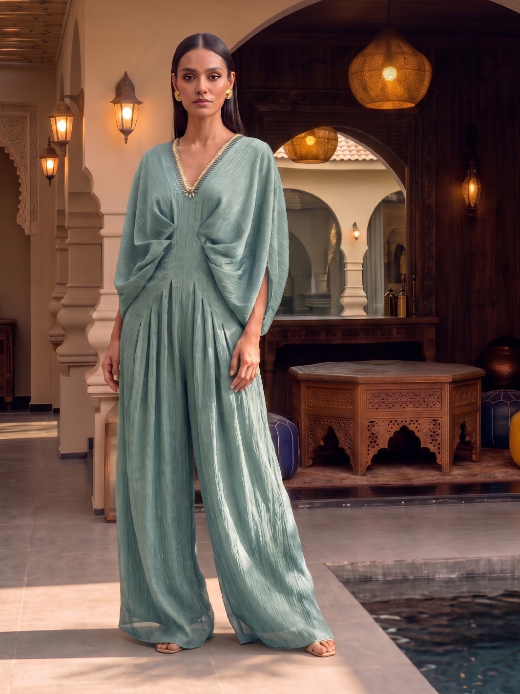 Festive Flared Jumpsuit With Neck Embroidery