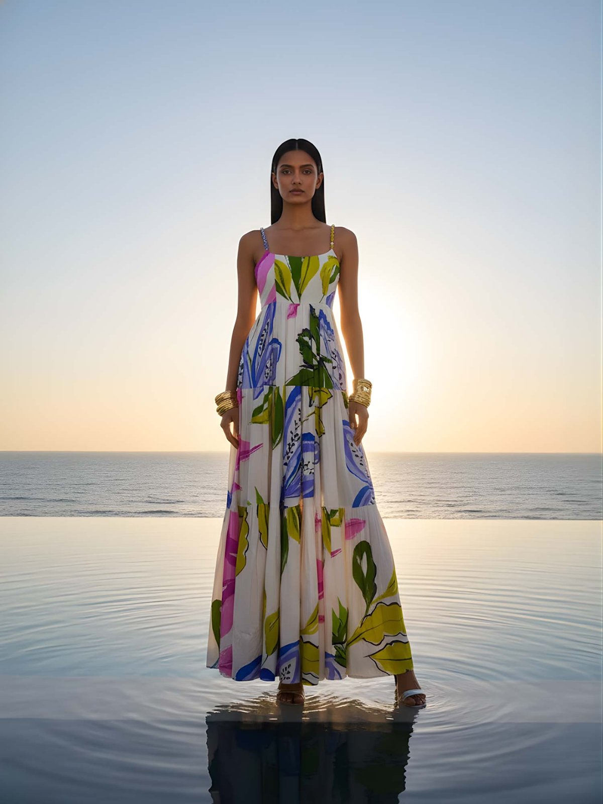Multicolor Printed Tiered Maxi Dress in Bemberg Silk