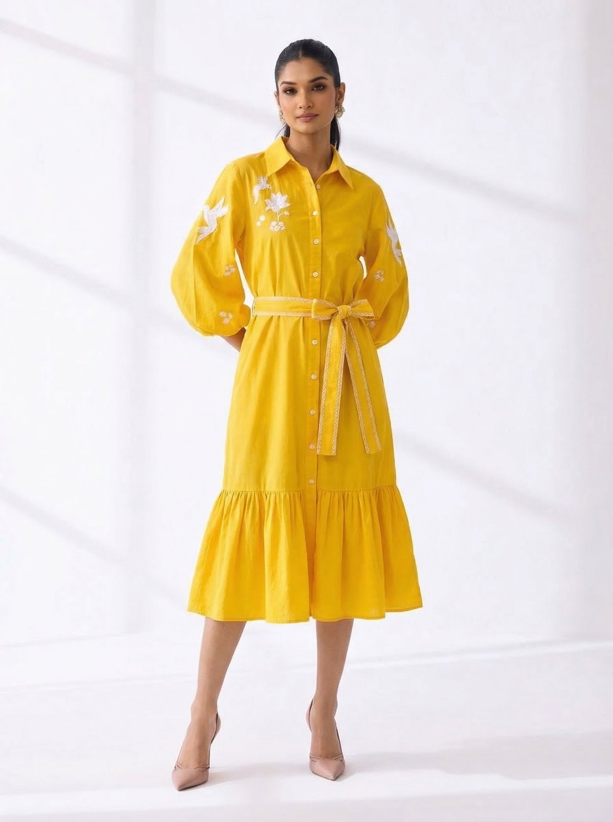 Sun Yellow Embroidered Belted Midi Shirt Dress