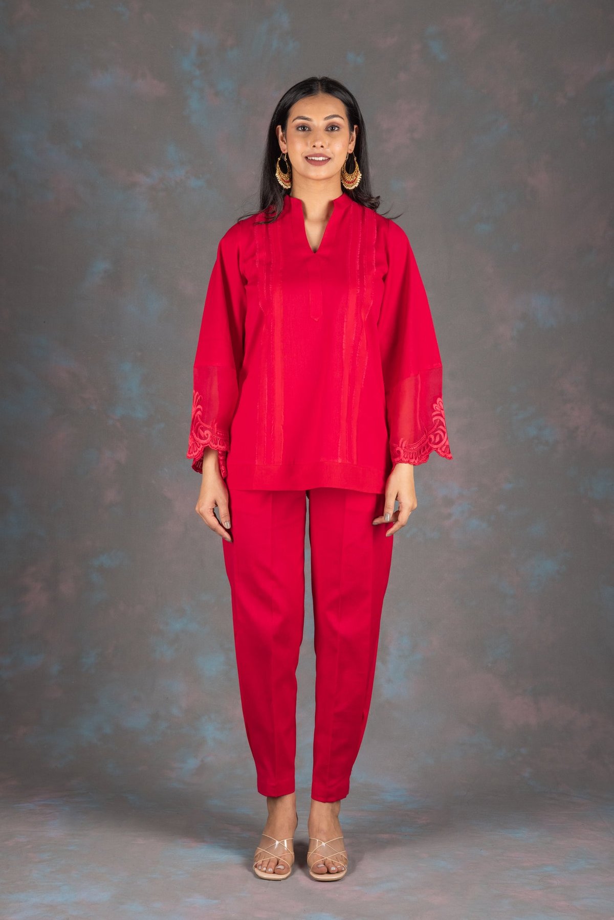 Red Cotton Embroidered Co-ord Set with Tapered Pants
