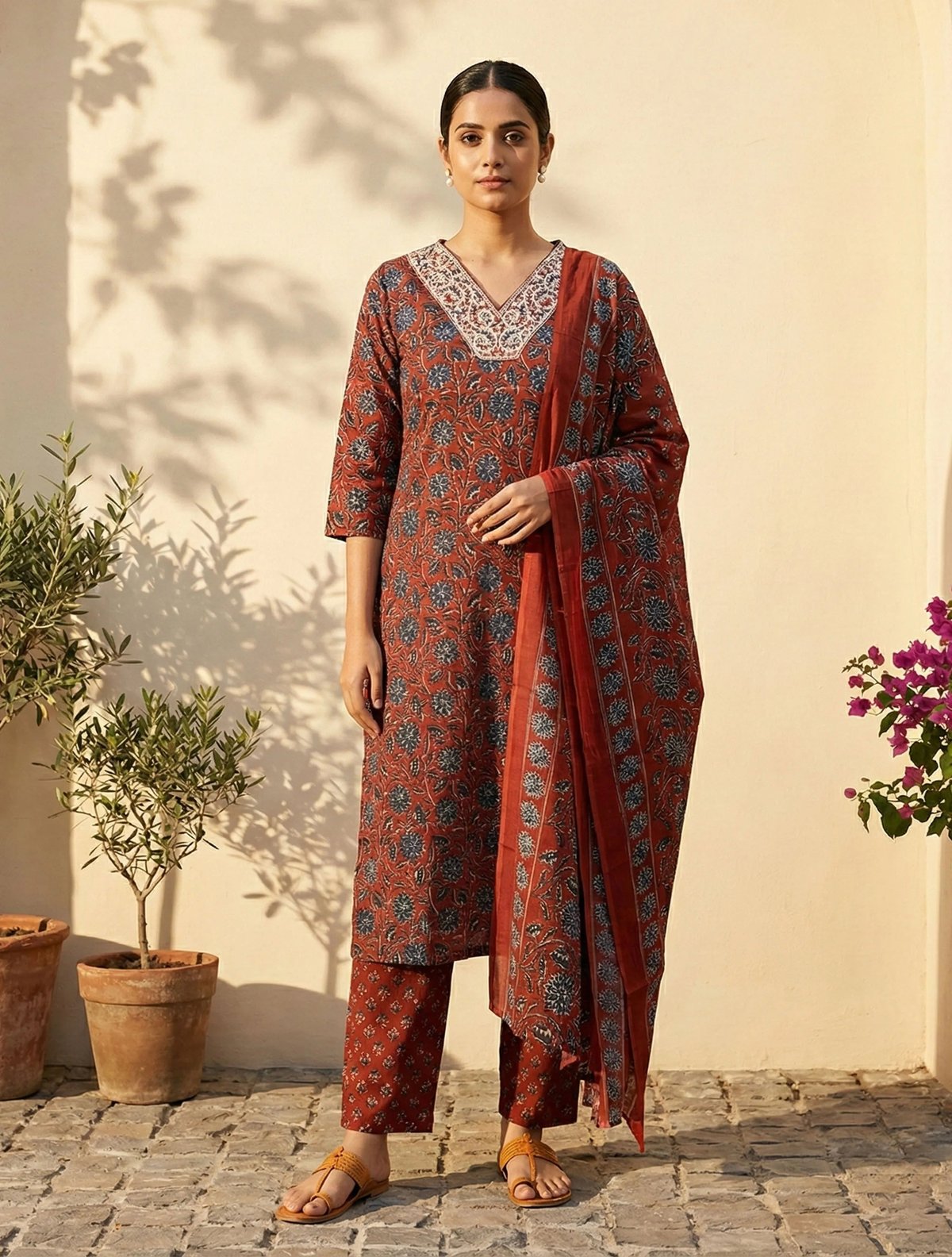 Floral Print Embroidered V-Neck Kurta Pant Dupatta Set
