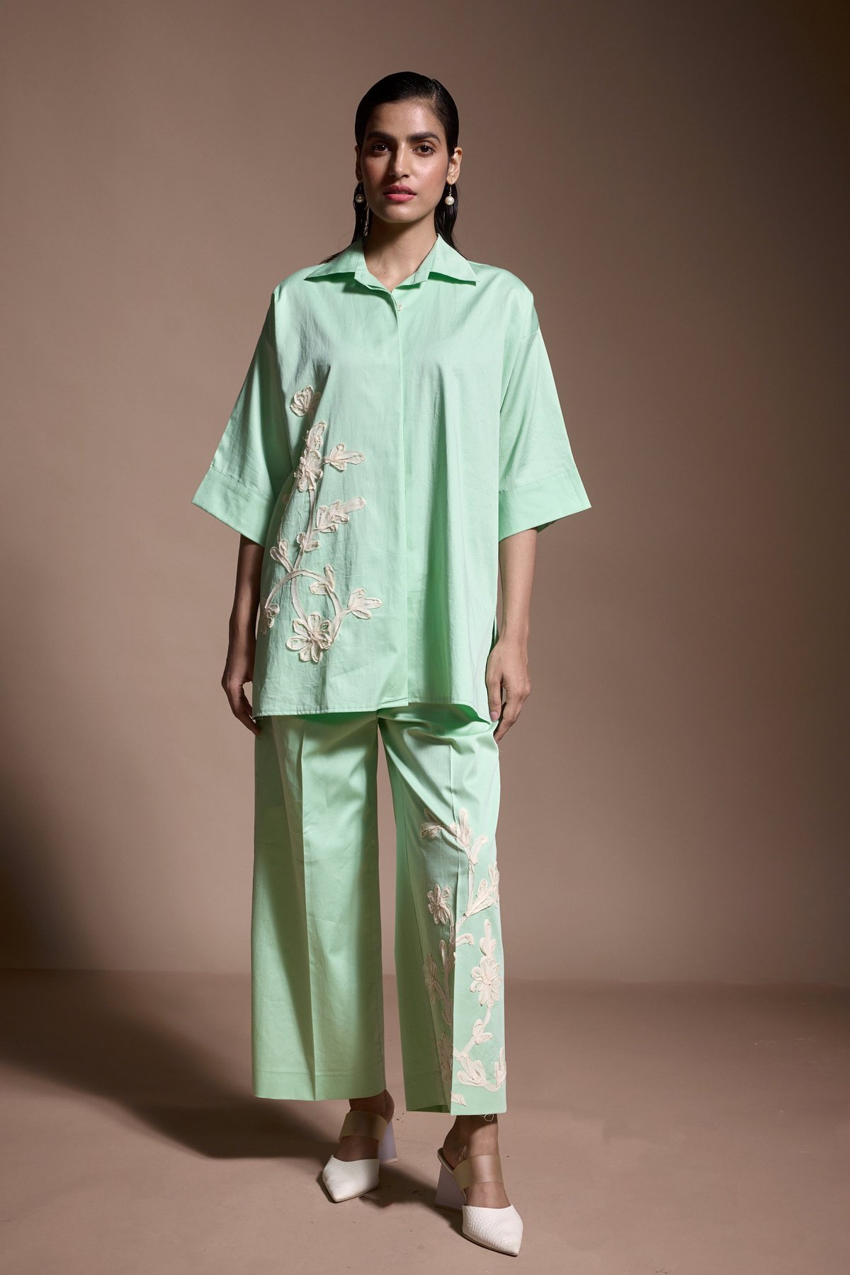 Pastel Green Wide-Leg Cotton Trousers with Embroidery
