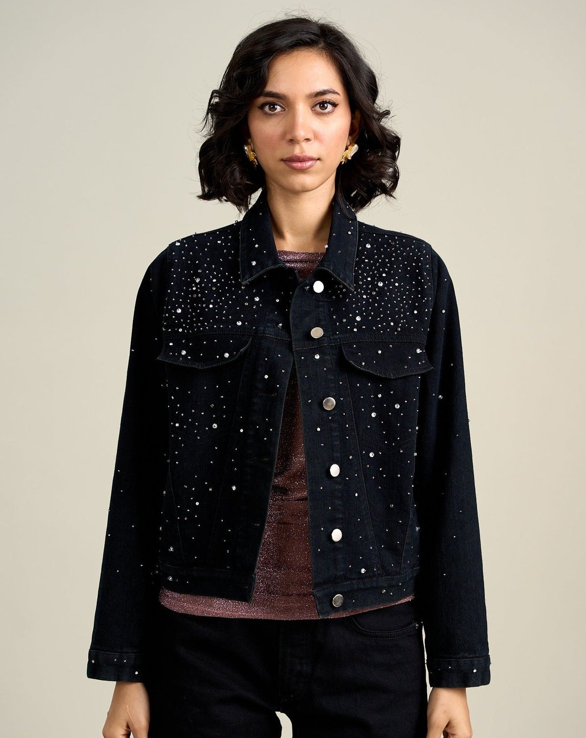 Black Sequin-Embellished Denim Trucker Jacket