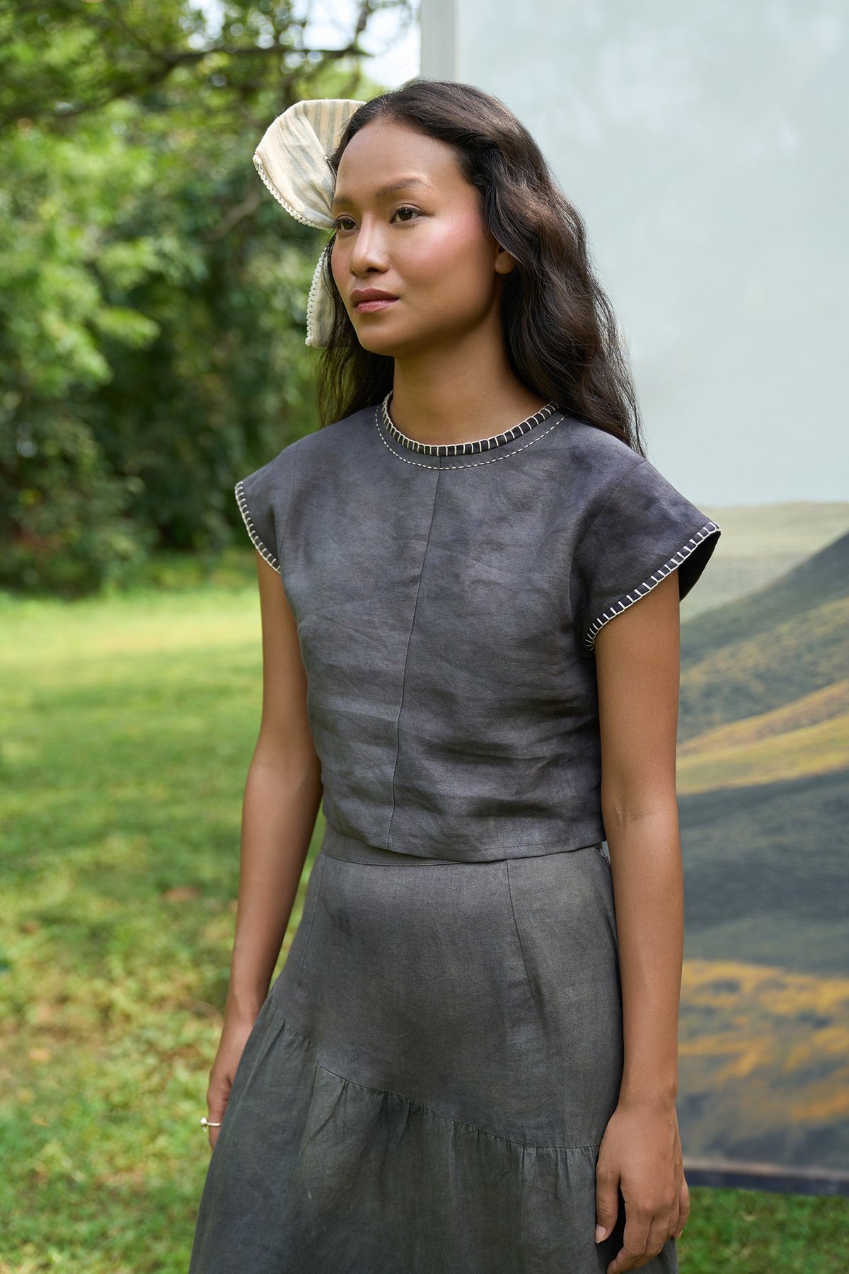 Grey Marbling Print Boxy Hemp Top
