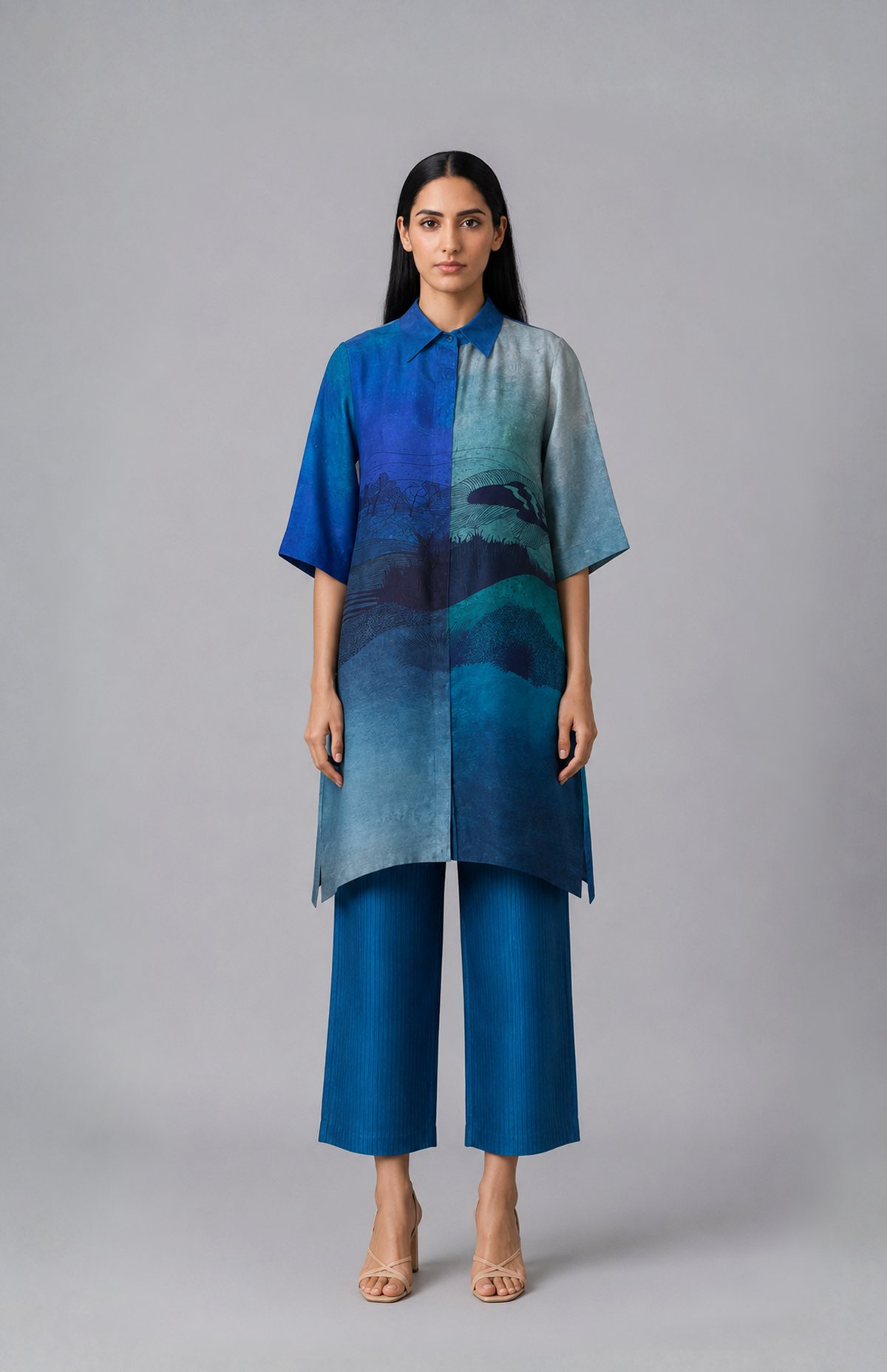 Blue Abstract Printed Tunic and Wide-Leg Pants Co-ord Set