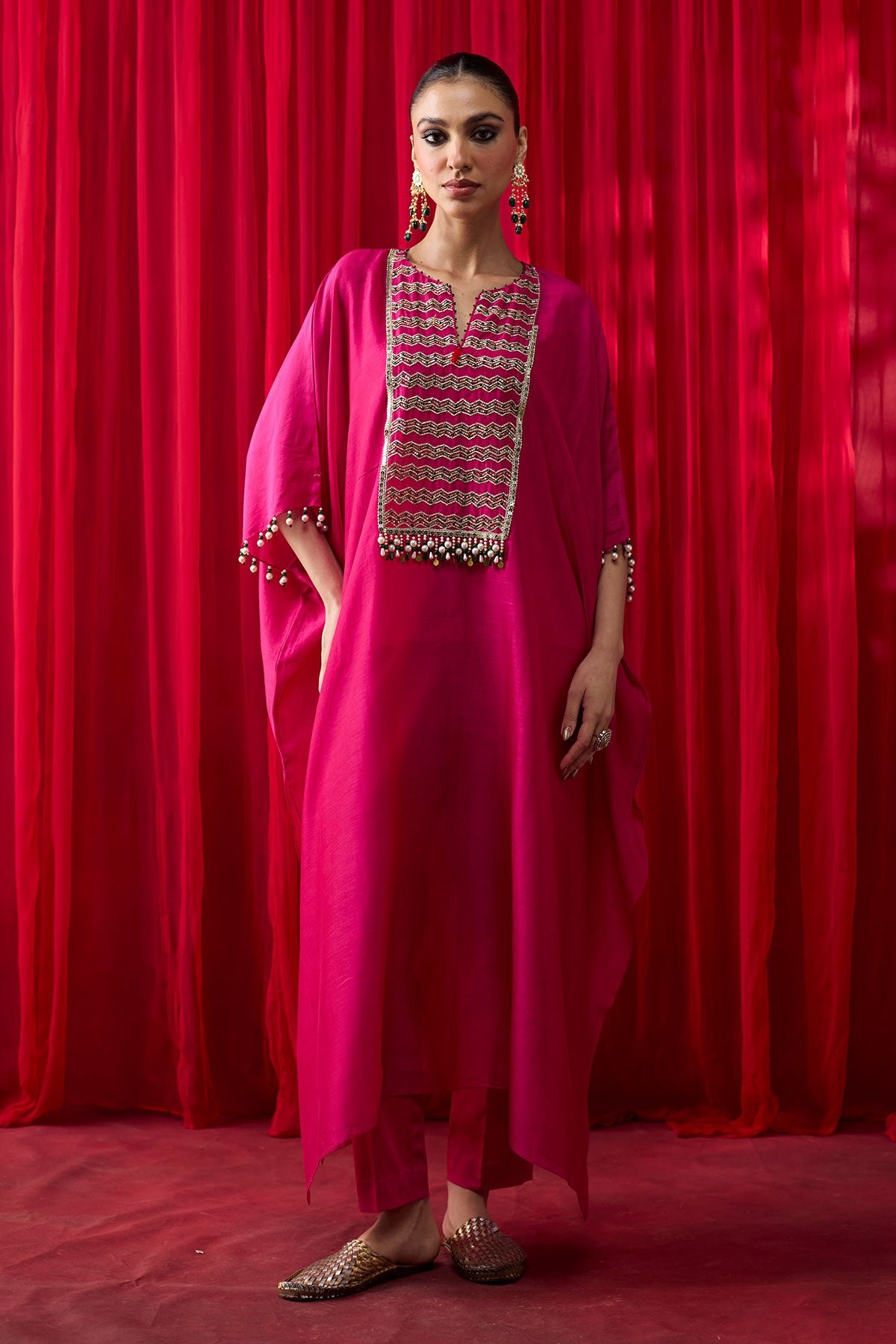 Hot Pink Silk Chanderi Embroidered Kaftan Set