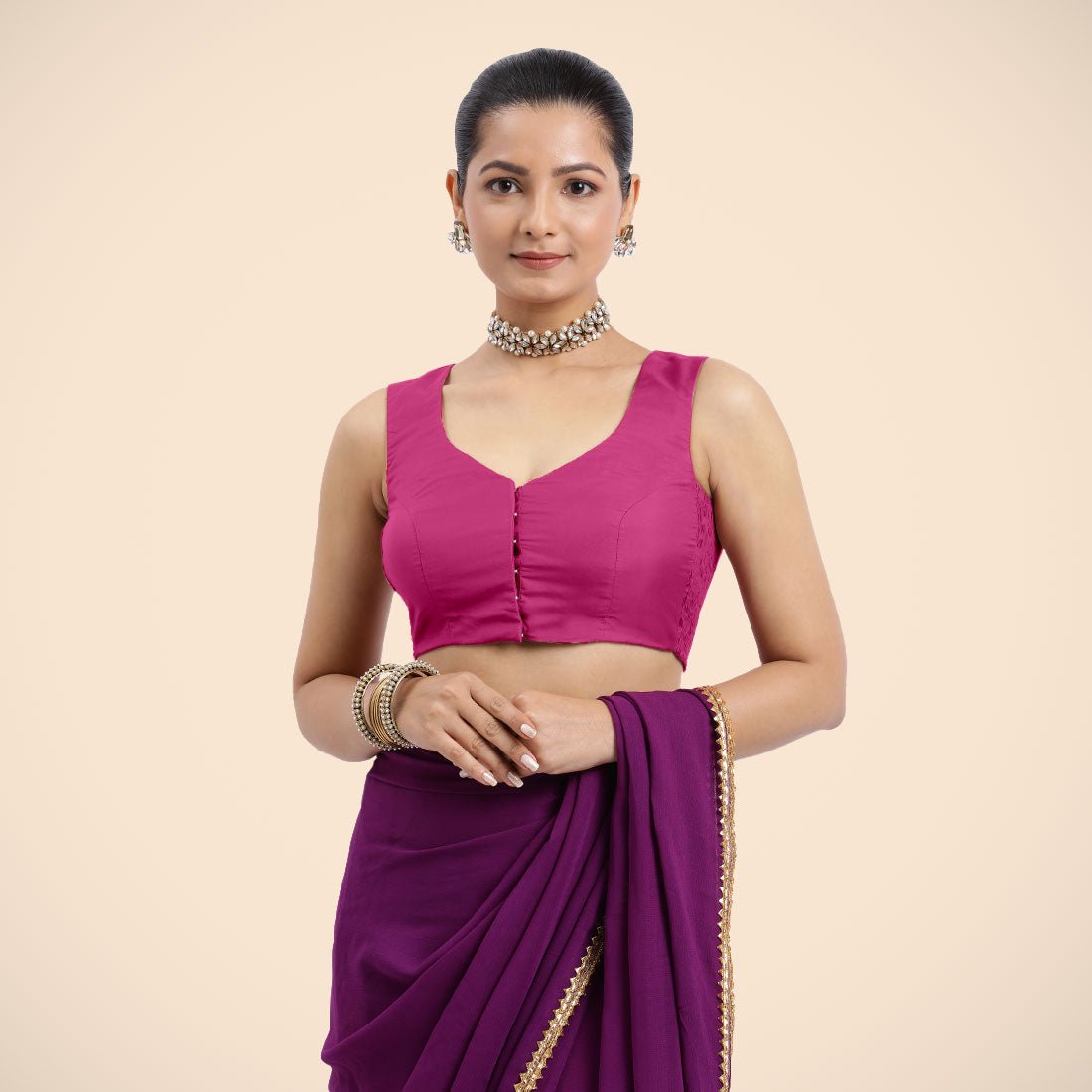 Hot Pink Sleeveless Saree Blouse with Curved V-Neck