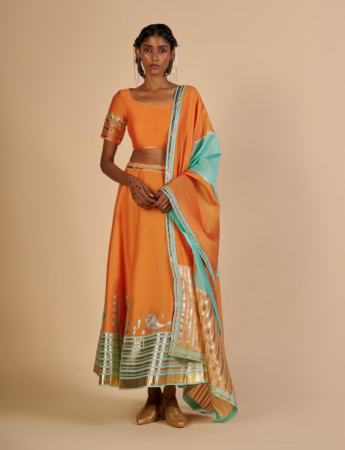 Orange Silk Chanderi Maxi Skirt with Aqua Gota Border