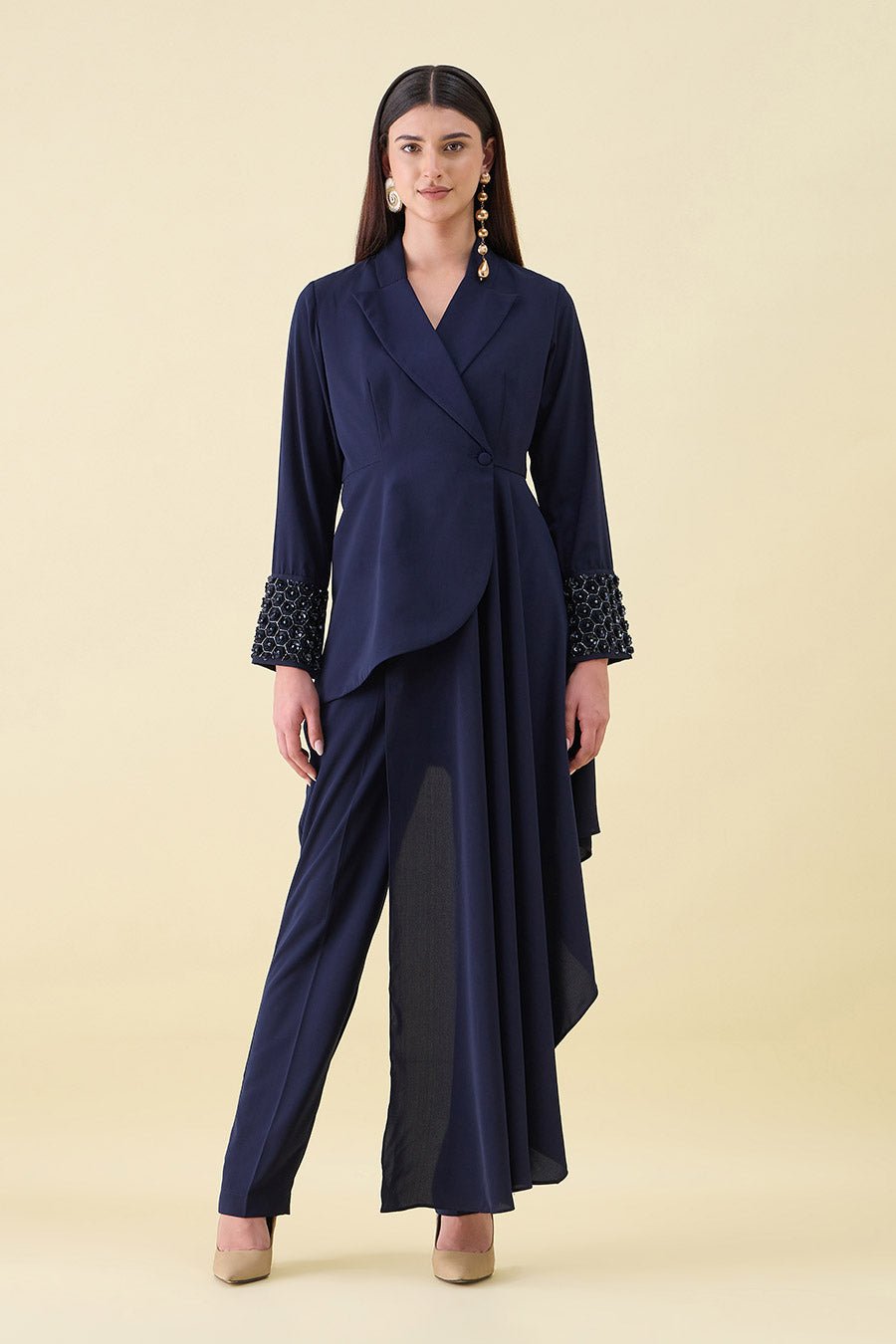 Metallic Embellished Draped Blazer Set