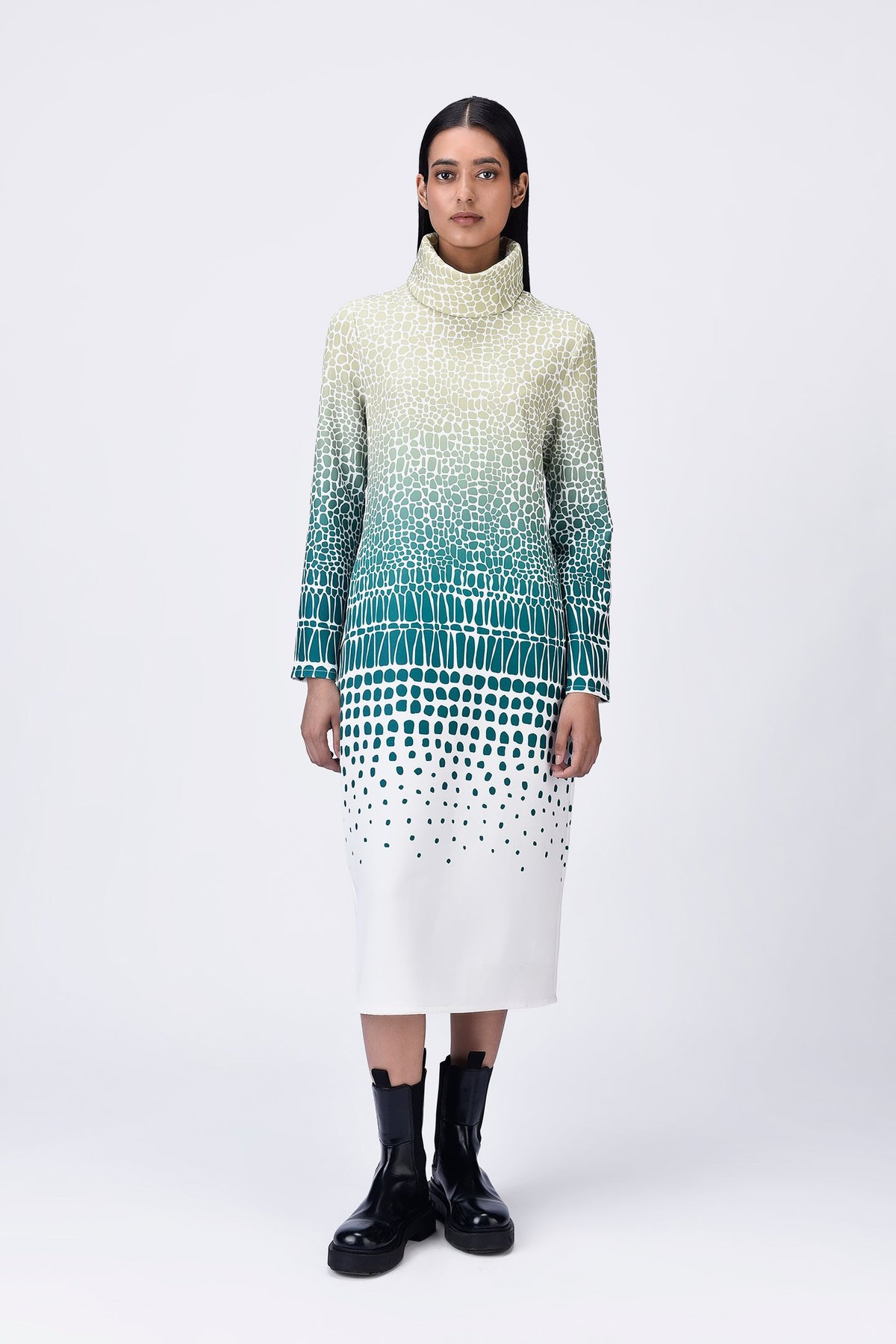 Clay-Green Turtle Neck Maxi Dress with Ombre Abstract Print