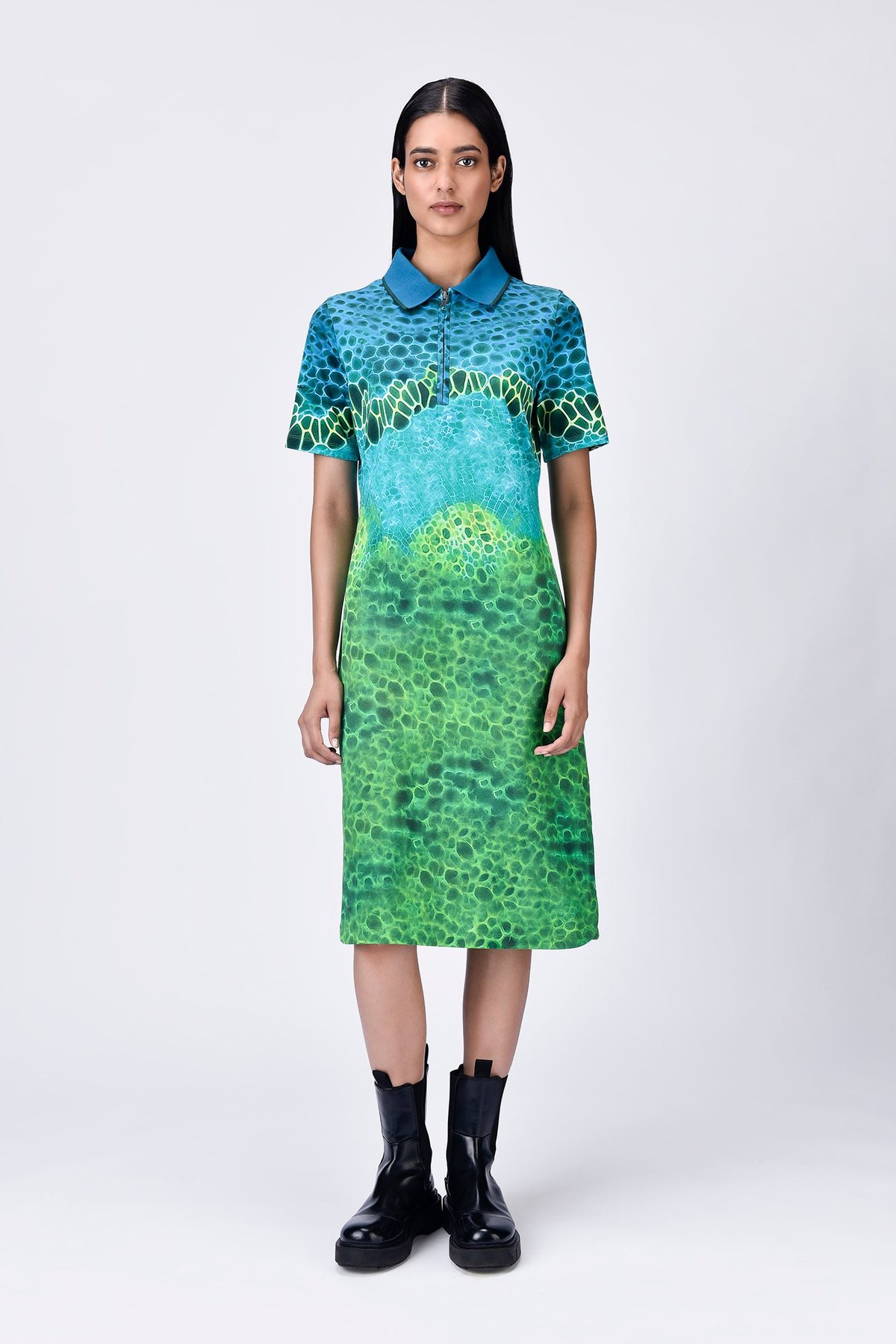Multi Colour Cotton Piqué Abstract Print Polo Midi Dress