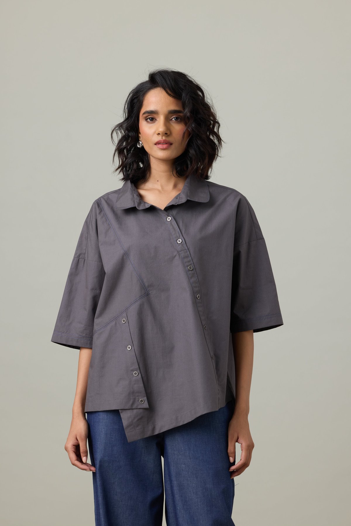 Granite Grey Asymmetric Button-Down Cotton Poplin Shirt