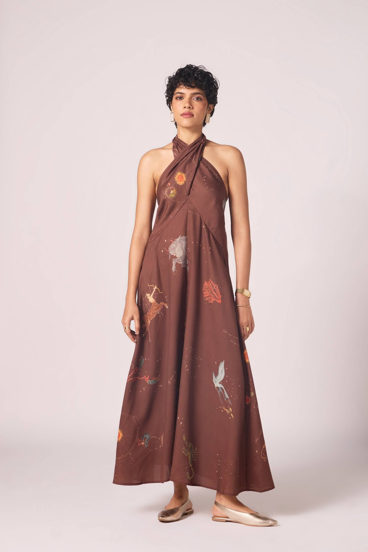 Brown Zodiac Print Halter Maxi Dress with Open Back Tie