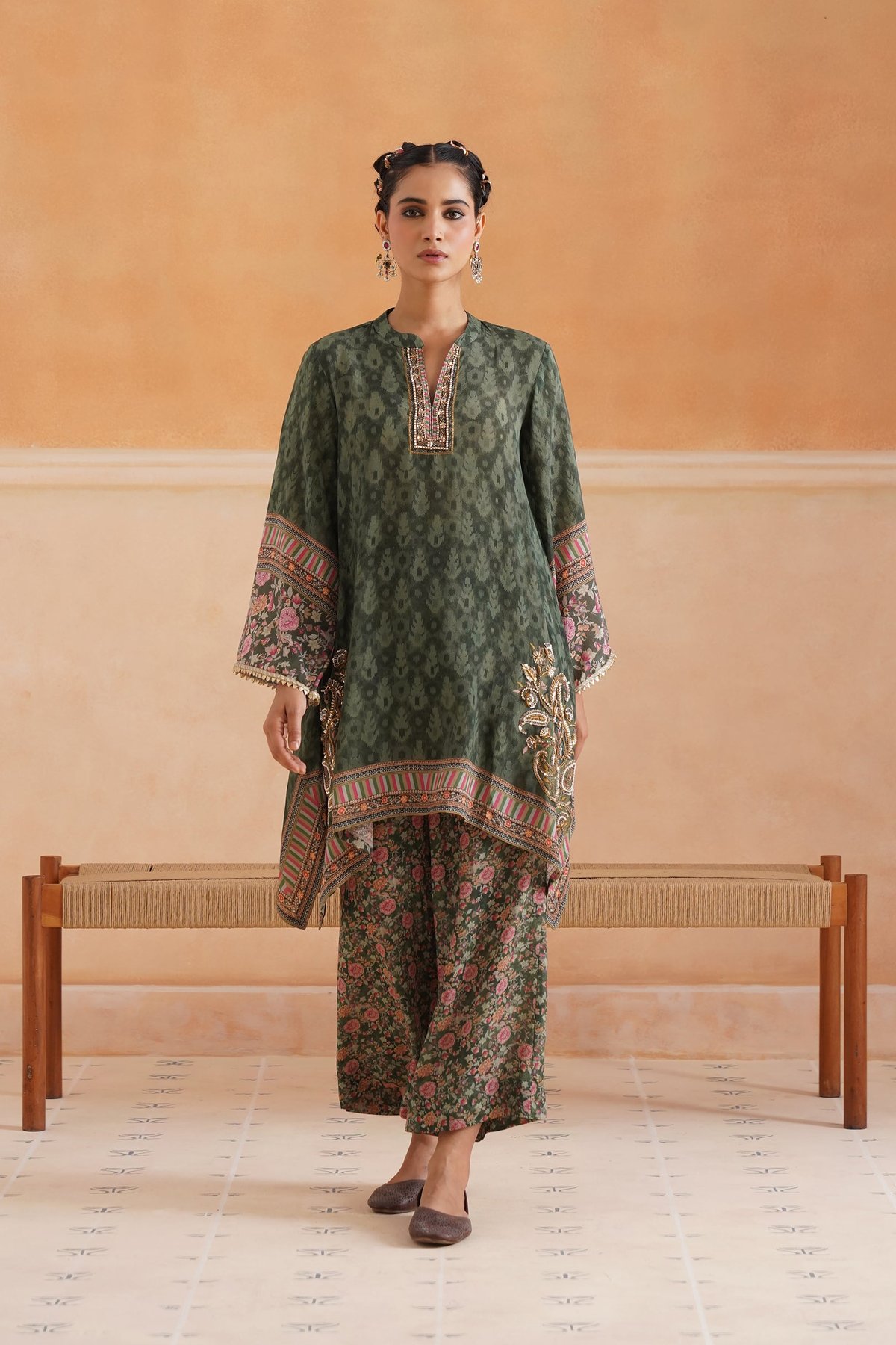 Forest Green Printed Kurta and Wide-Leg Pants Co-ord Set