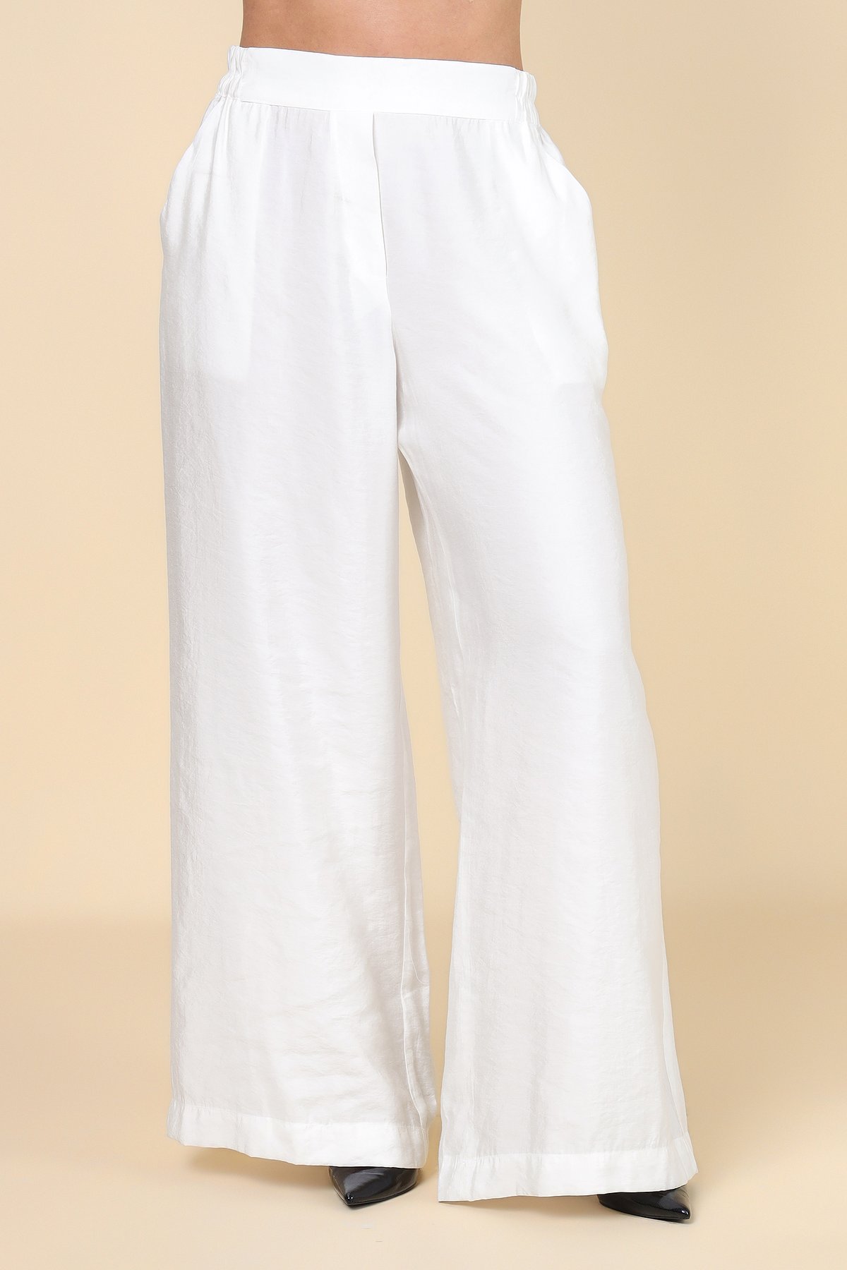 White Wide-Leg Pull-On Trousers with Side Pockets