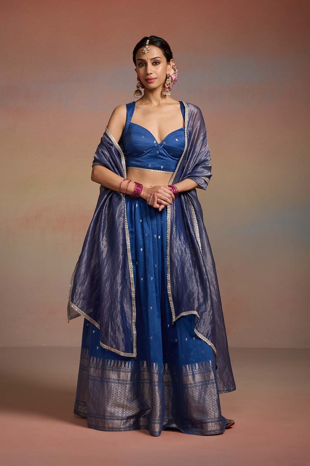 Ink Blue Banarasi Brocade Lehenga Set with Zari Dupatta