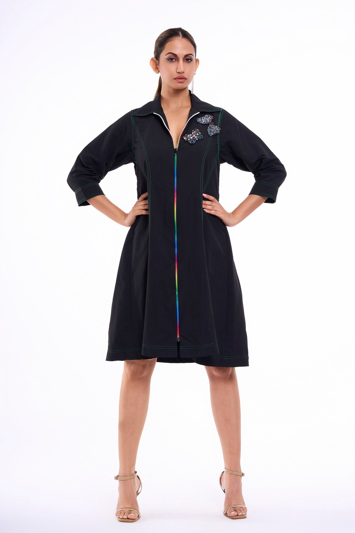 Black Zip-Front A-Line Midi Dress with Butterfly Embellishment