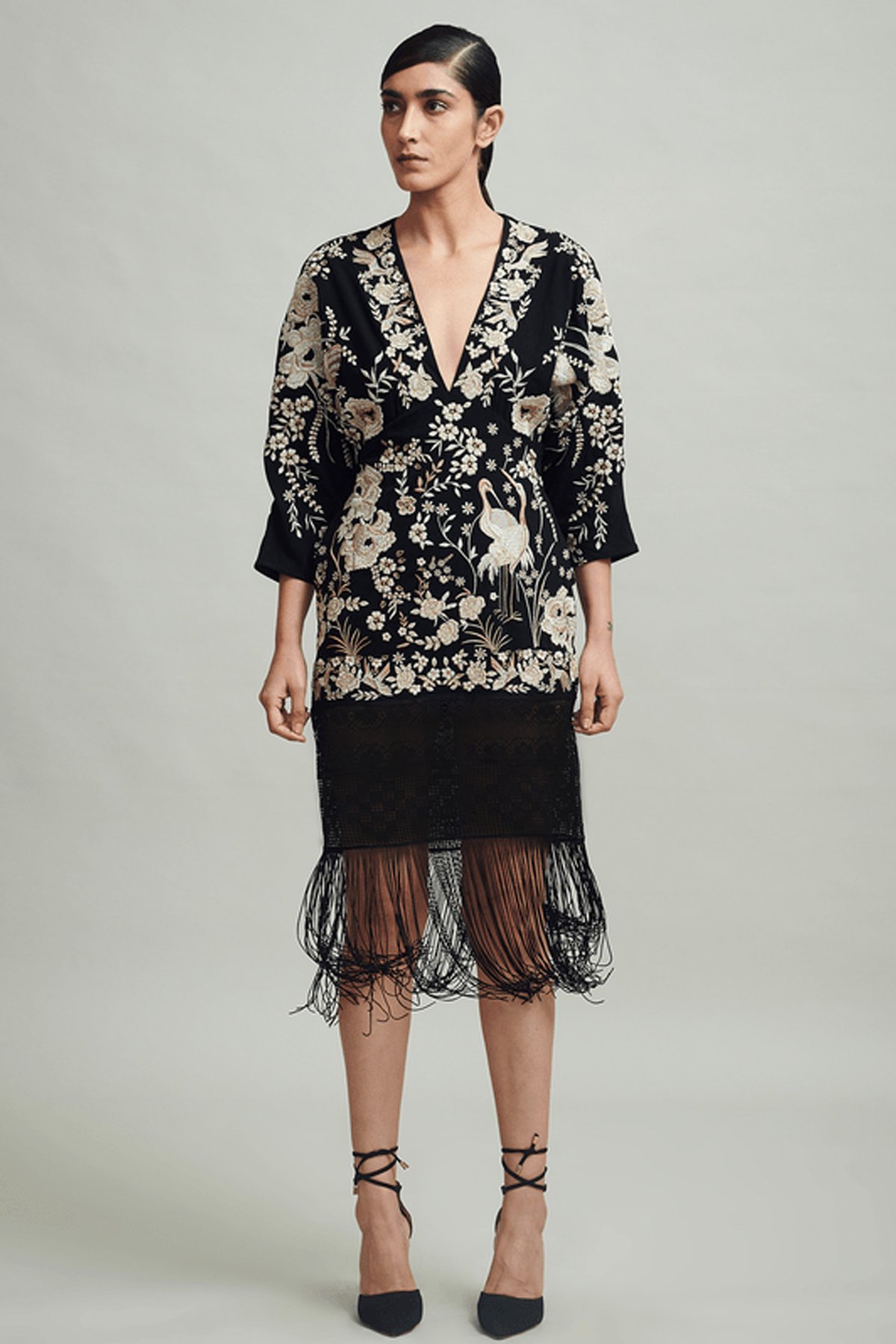 Black Embroidered Fringe Hem Midi Dress