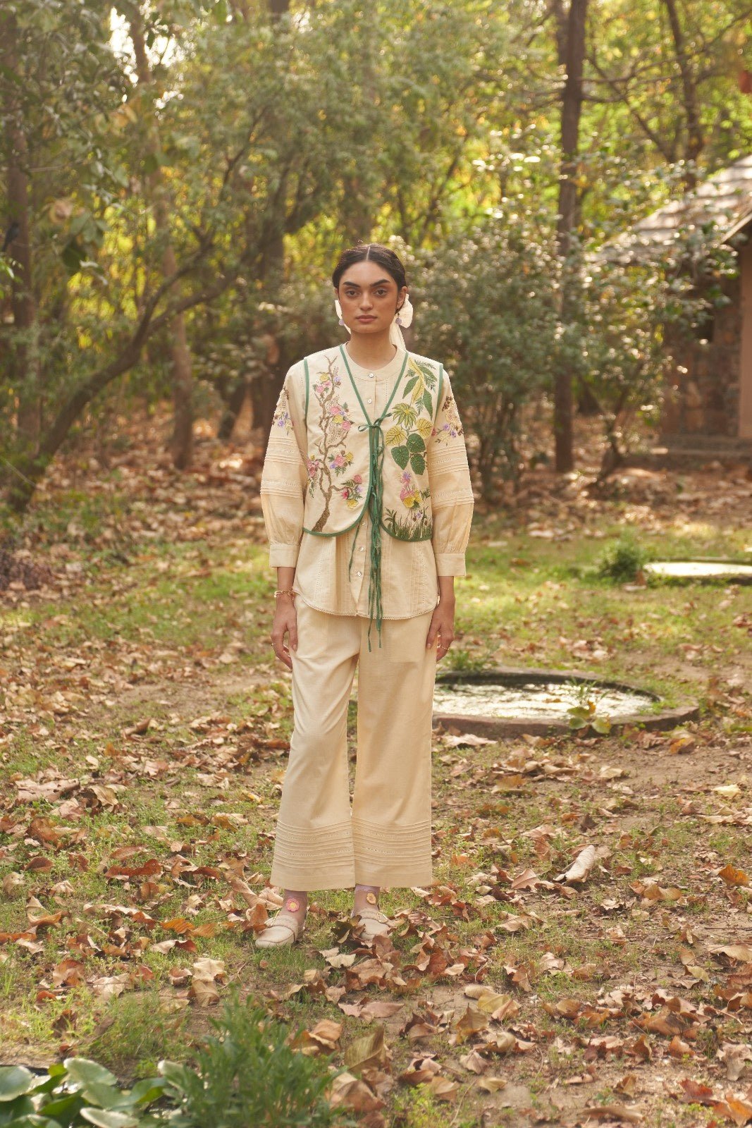 Beige Cropped Botanical Applique Tie-Up Jacket