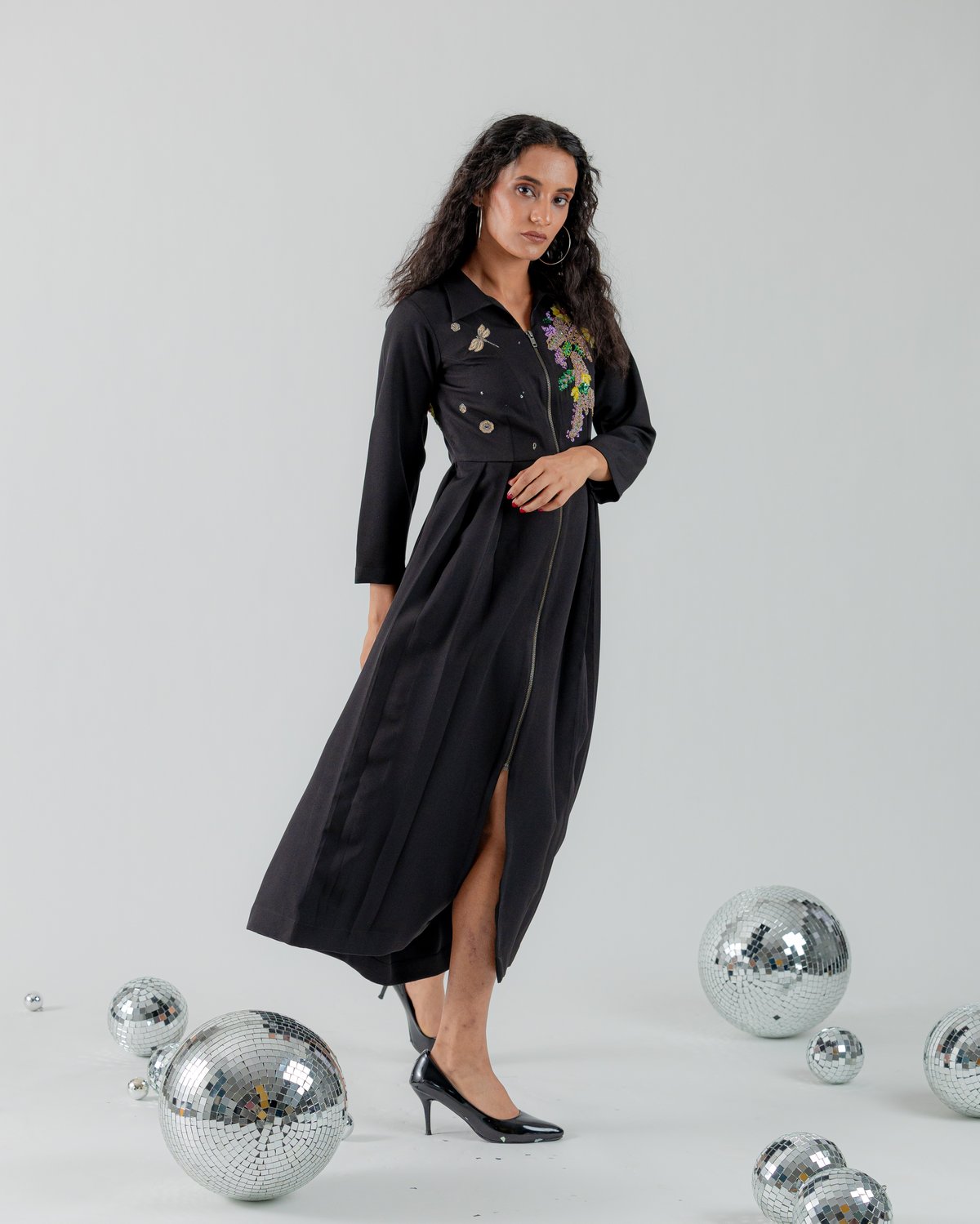 Black Zip-Front Collared Fit and Flare Midi Dress