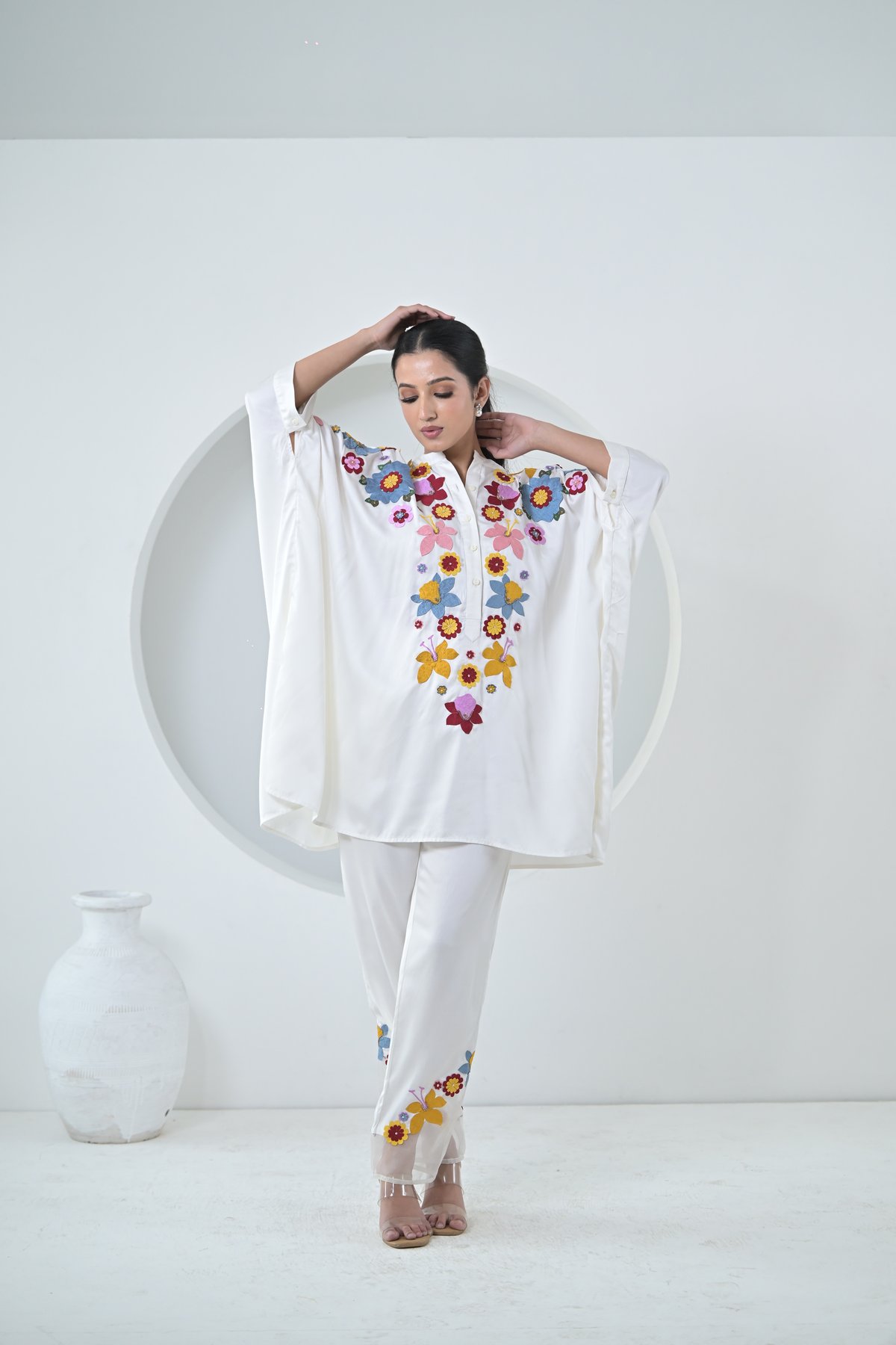 White Satin Embroidered Kaftan and Pant Co-ord Set