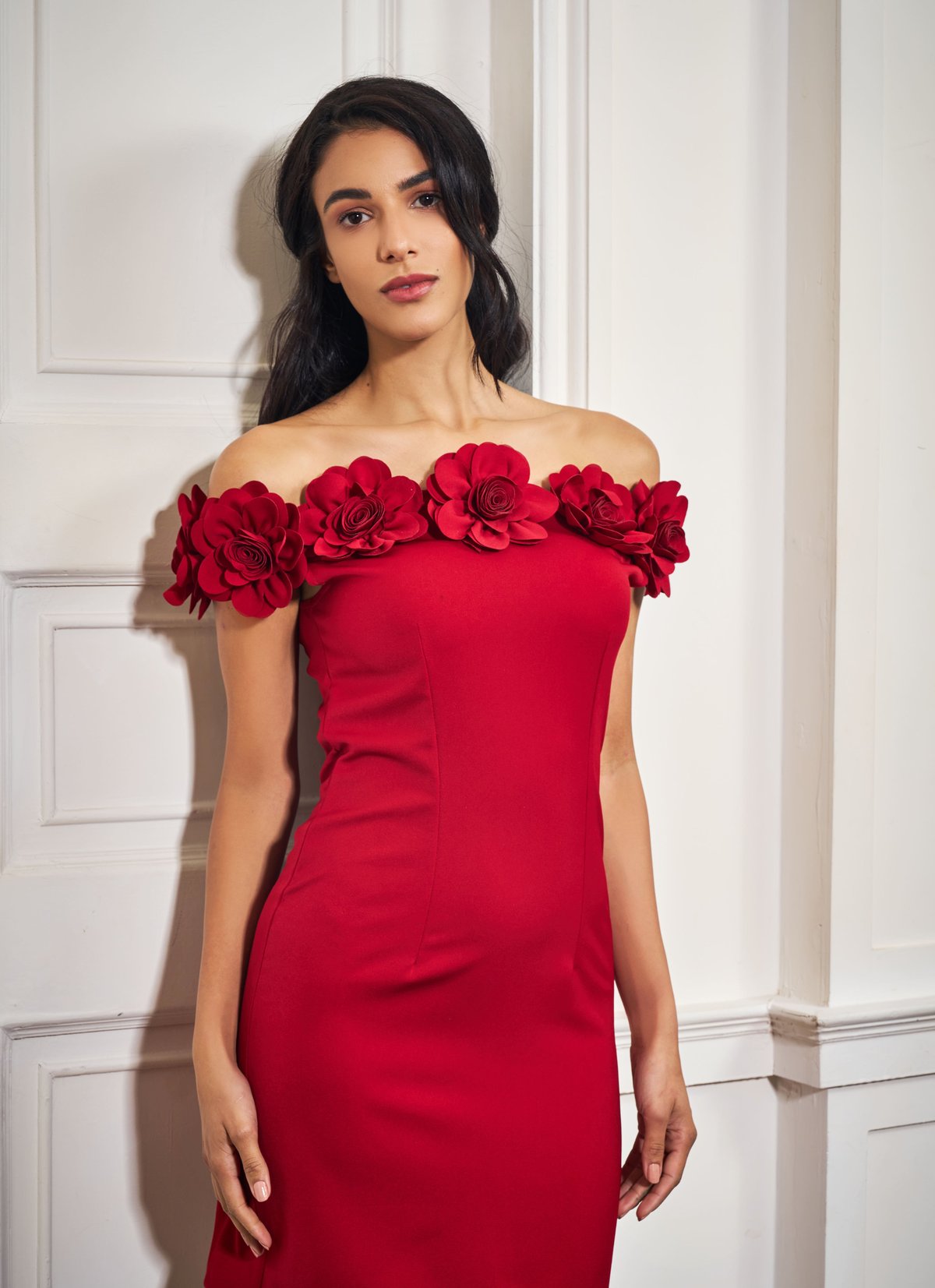 Red Rosette Off-Shoulder Mini Dress