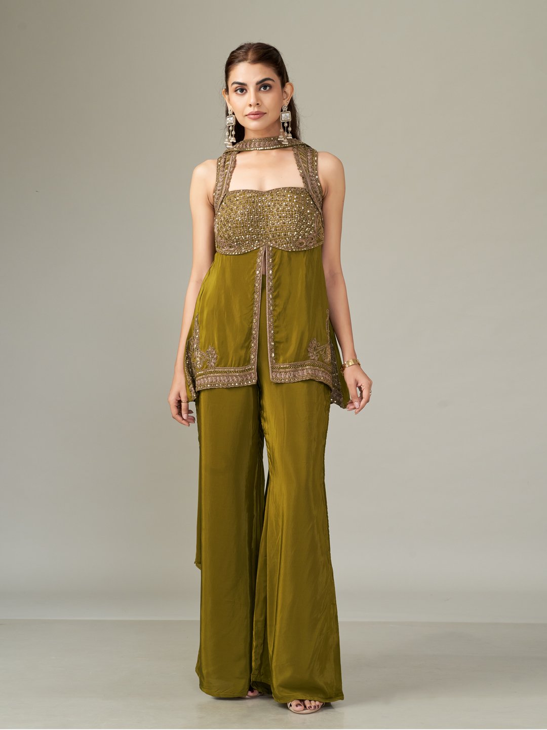 Olive Green Sequin Bustier and Wide-Leg Co-ord Set
