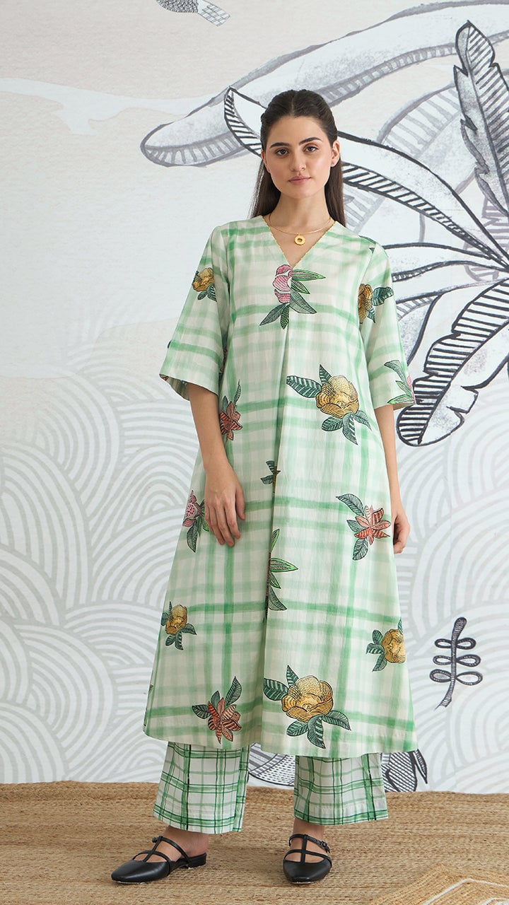 Green Check Floral A-Line Cotton Kurta Set
