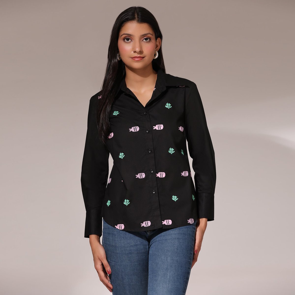 Black Cotton Fish Embroidered Button-Down Shirt