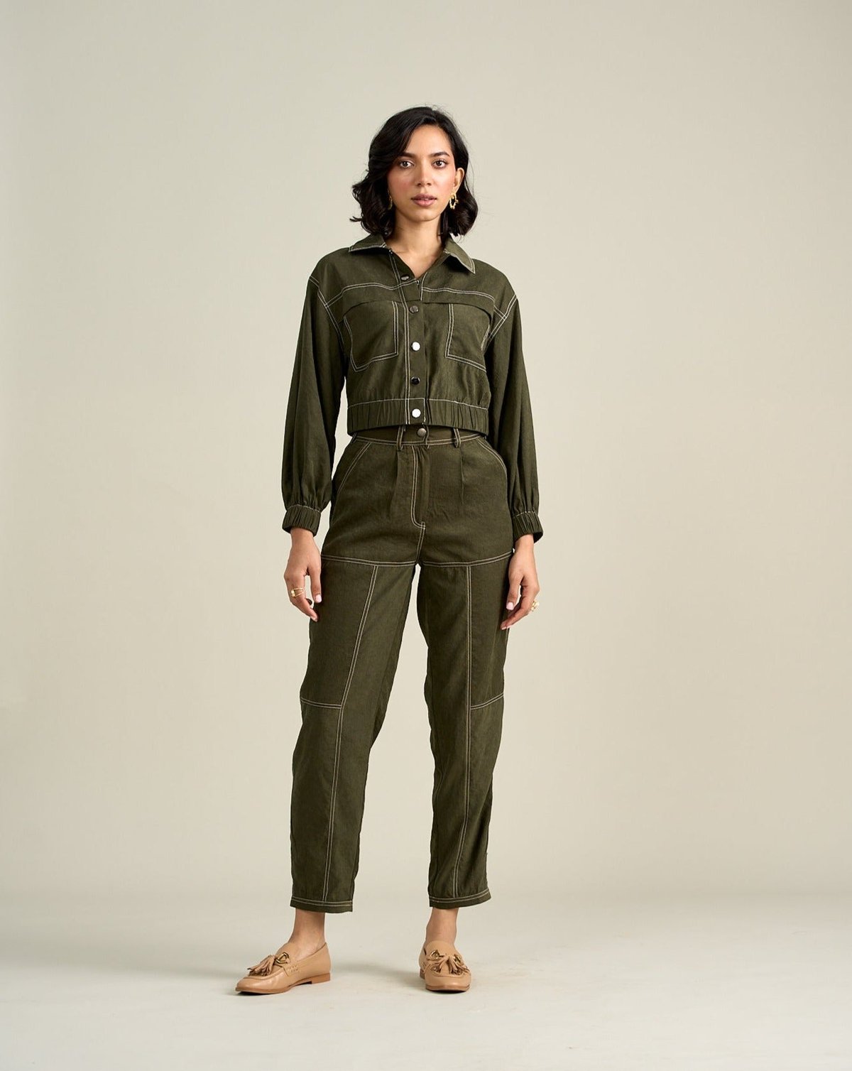 Olive Cropped Utility Jacket with Contrast Stitching