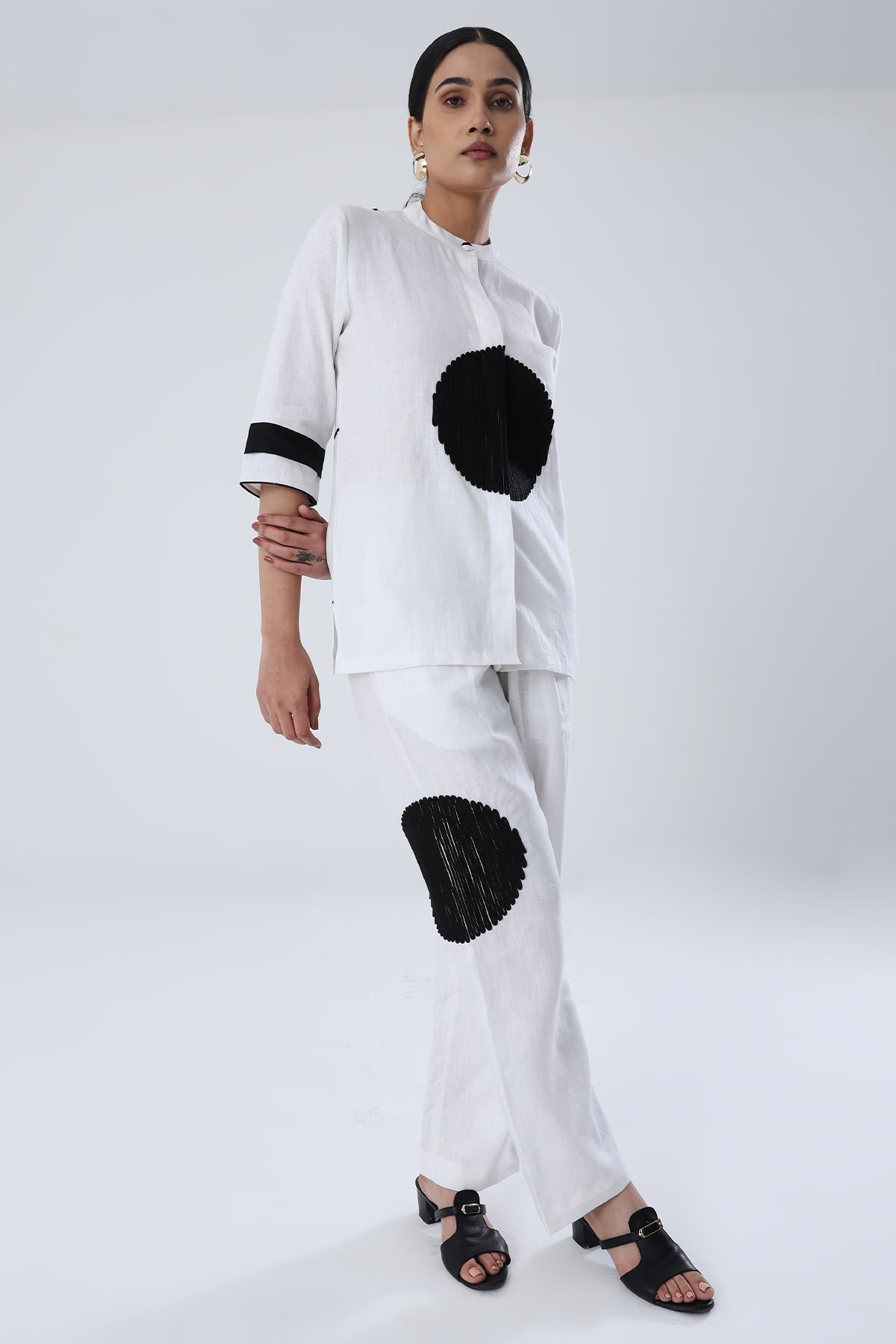 White Hemp Co-ord Set with Black Dori Circle Detail