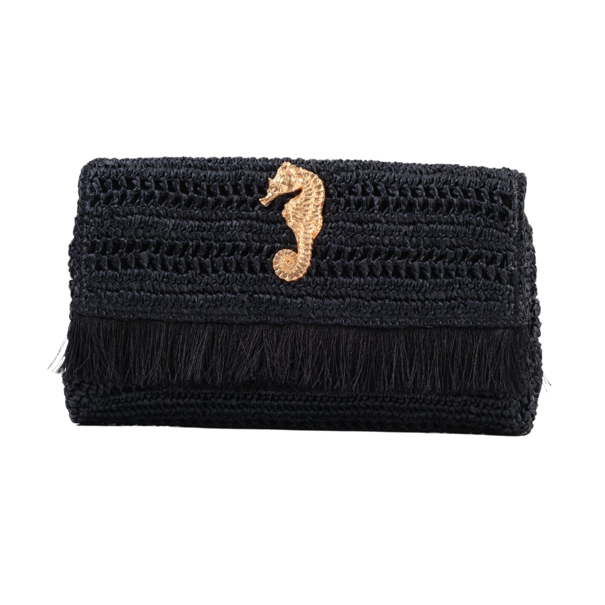 Jena Black Slim Raffia Clutch With Gold Emblem